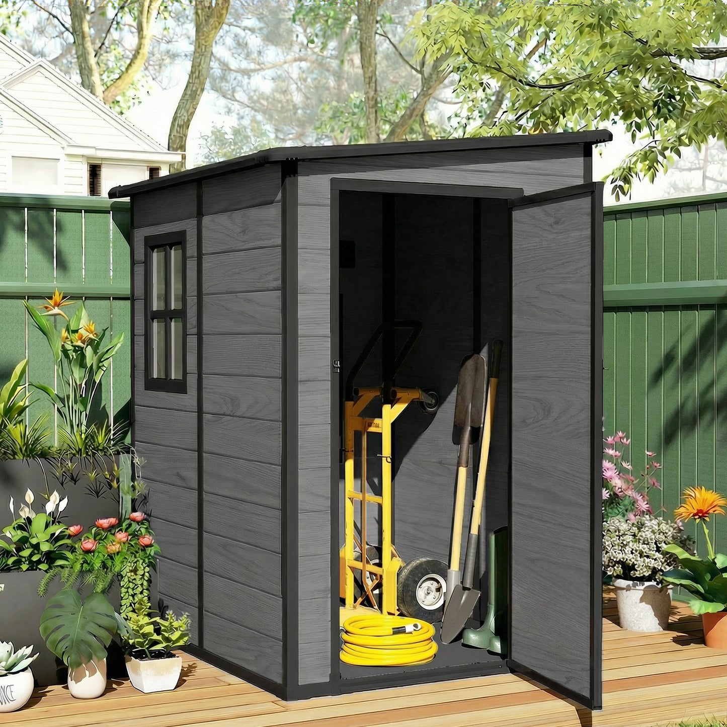 4 x 5FT Plastic Garden Shed with Floor, Lean to Outdoor Storage Shed, Lockable Tool Storage House with Window, Vent and Plastic Roof, Wood-Effect