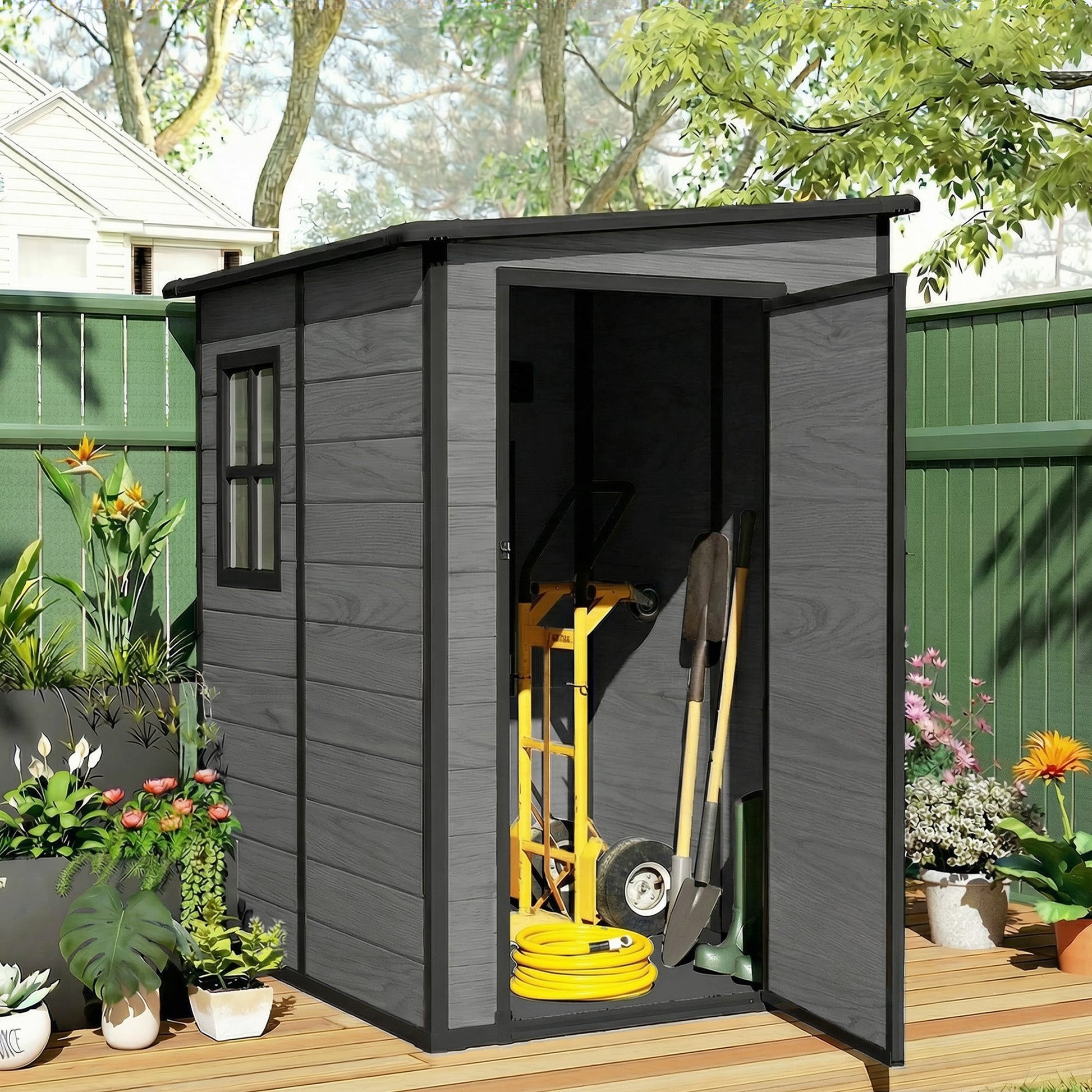 4 x 5FT Plastic Garden Shed with Floor, Lean to Outdoor Storage Shed, Lockable Tool Storage House with Window, Vent and Plastic Roof, Wood-Effect
