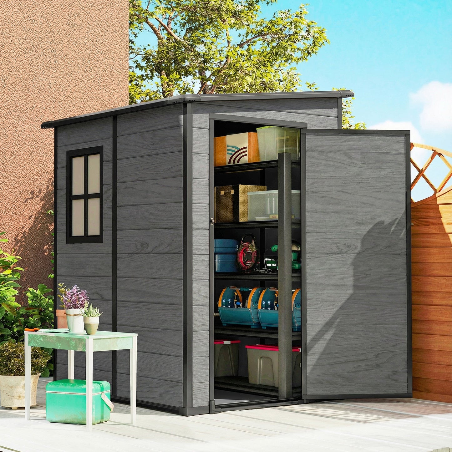 4 x 5FT Plastic Garden Shed with Floor, Lean to Outdoor Storage Shed, Lockable Tool Storage House with Window, Vent and Plastic Roof, Wood-Effect