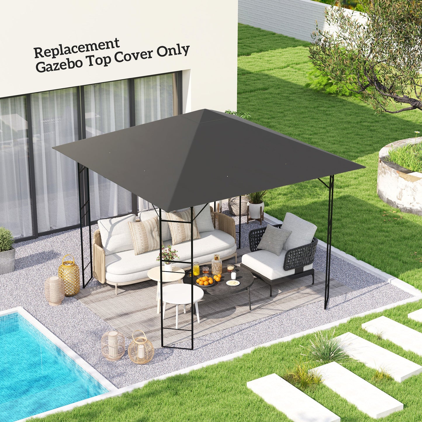 3 x 3(m) Gazebo Canopy Replacement Cover, Garden Gazebo Roof Replacement with Drain Holes, Water Resistant PVC Coating, 370g/㎡, UPF30+, TOP COVER ONLY, Grey