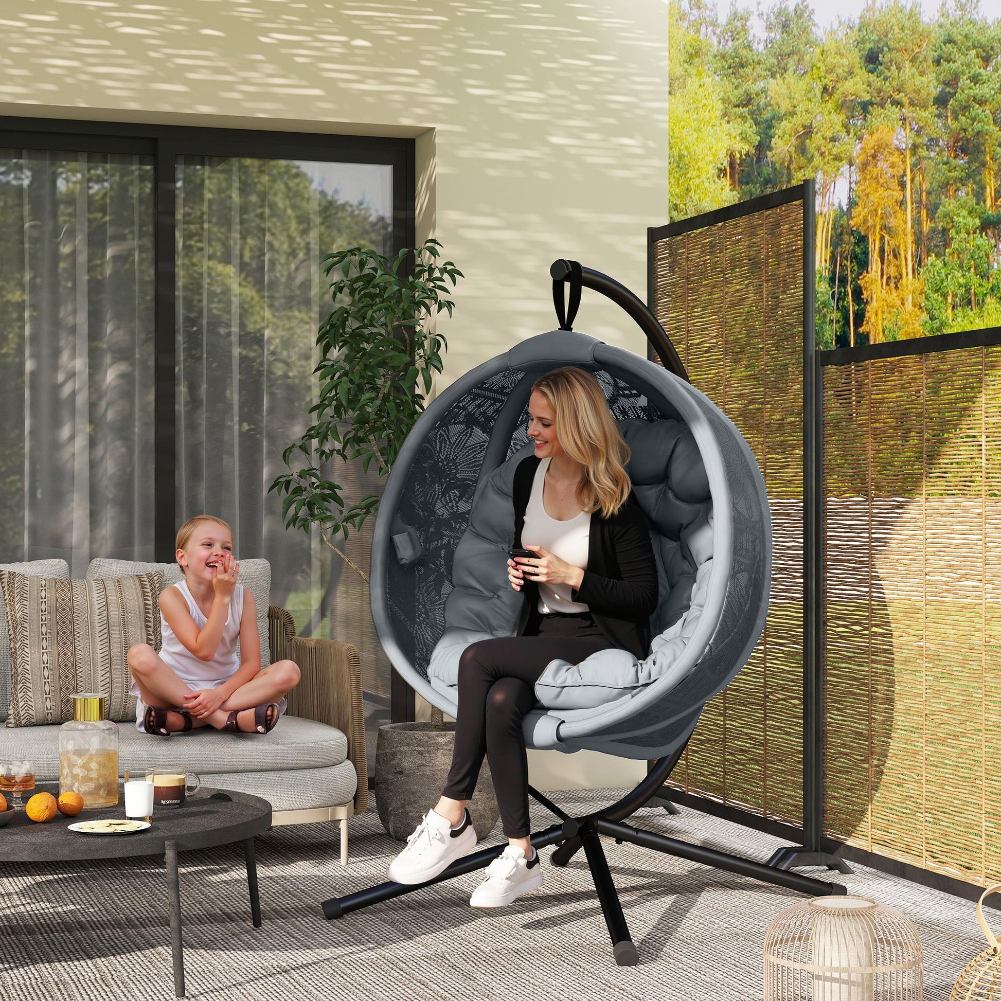 Outdoor Hanging Chair, Swing Chair with Metal Stand, Thick Padded Cushion, Foldable Basket and Side Pocket, for Indoor and Outdoor, Charcoal Grey