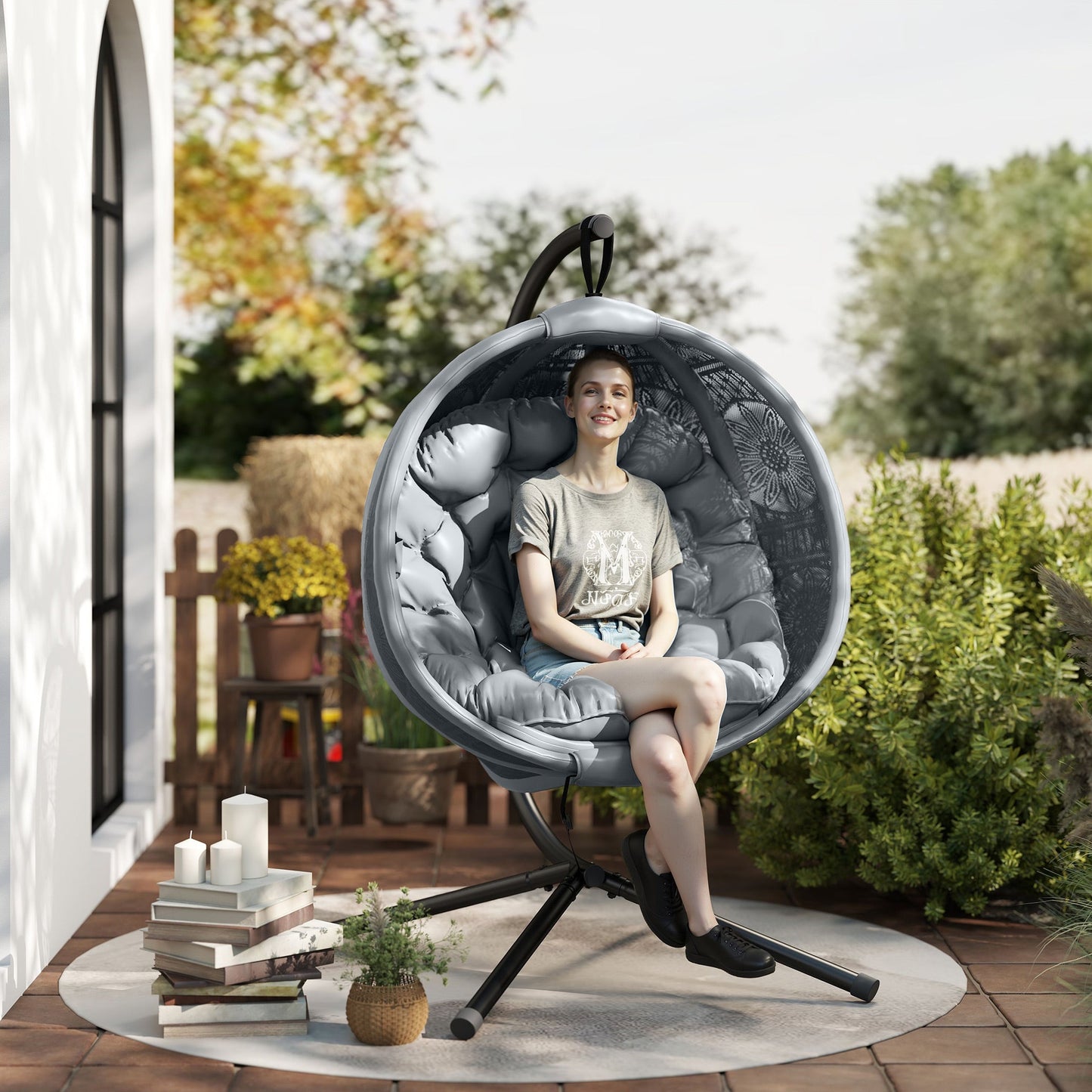Outdoor Hanging Chair, Swing Chair with Metal Stand, Thick Padded Cushion, Foldable Basket and Side Pocket, for Indoor and Outdoor, Charcoal Grey