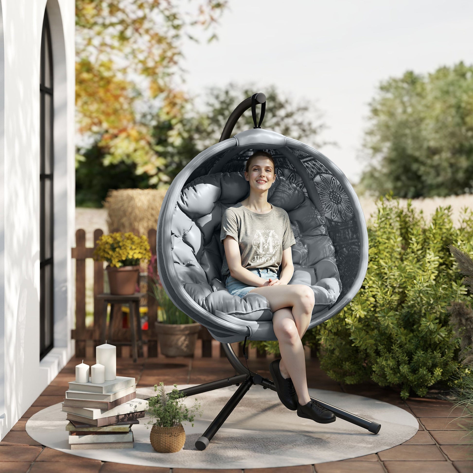 Outdoor Hanging Chair, Swing Chair with Metal Stand, Thick Padded Cushion, Foldable Basket and Side Pocket, for Indoor and Outdoor, Charcoal Grey