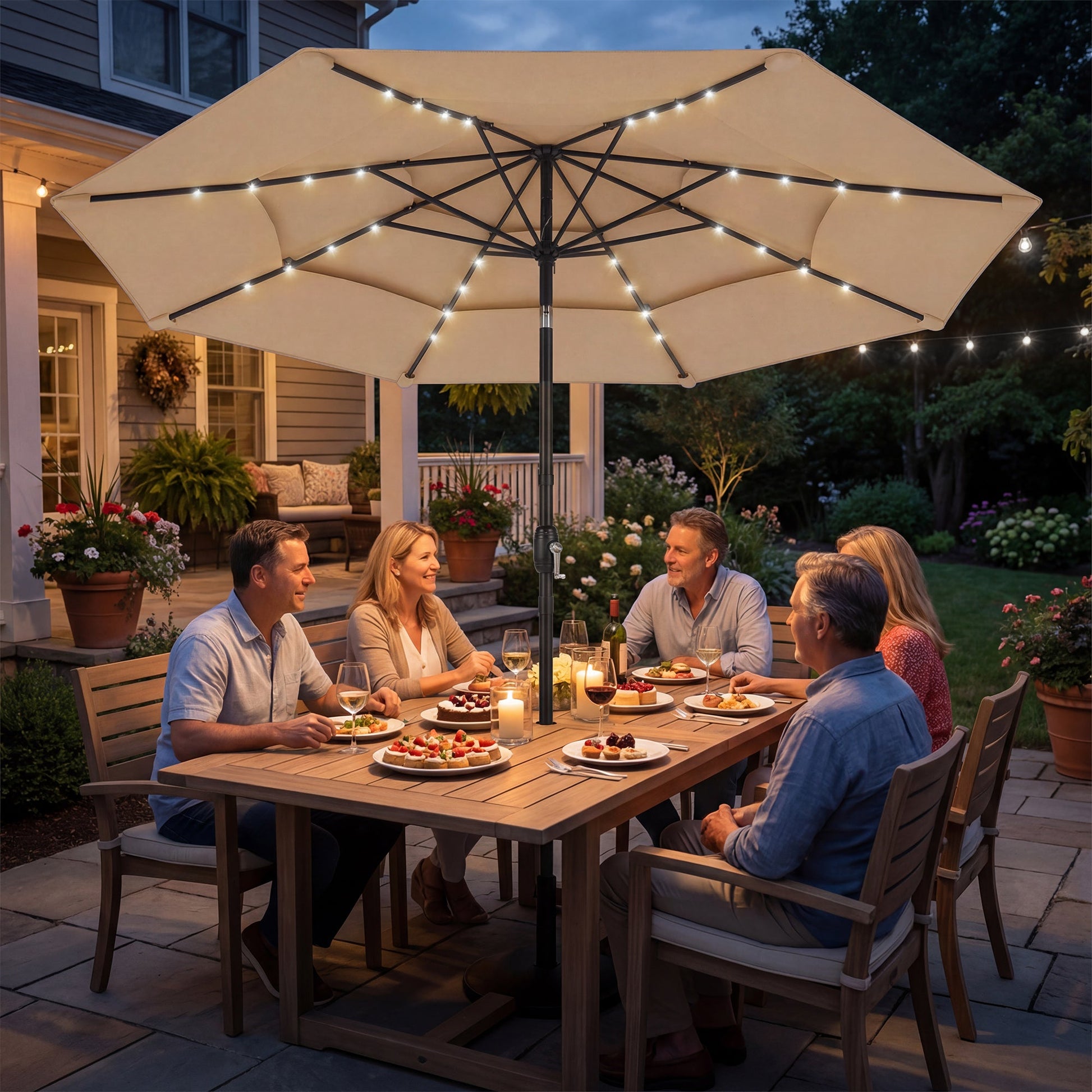 2.8 m Garden Parasol Umbrella with LED Solar Light, Parasol Cover, 3 Tier Outdoor Table Market Patio Umbrella Sun Shade with Tilt and Crank, 8 Ribs, Khaki