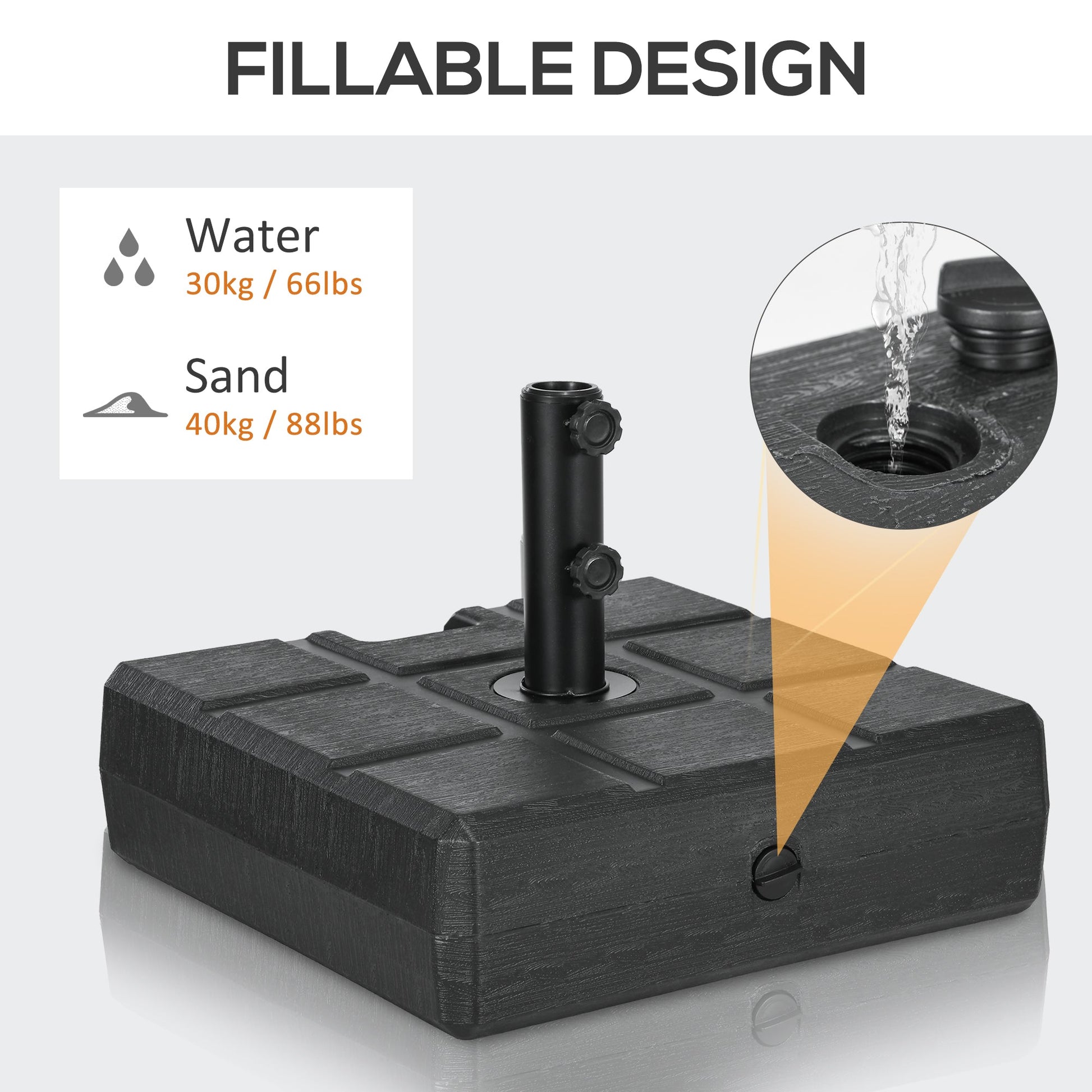 Garden Parasol Base with Wood Effect, 30kg Water or 40kg Sand Filled, Heavy Duty HDPE Umbrella Stand with Double Knob, Fillable Parasol Stand for 32mm, 38mm, 48mm Poles, Black