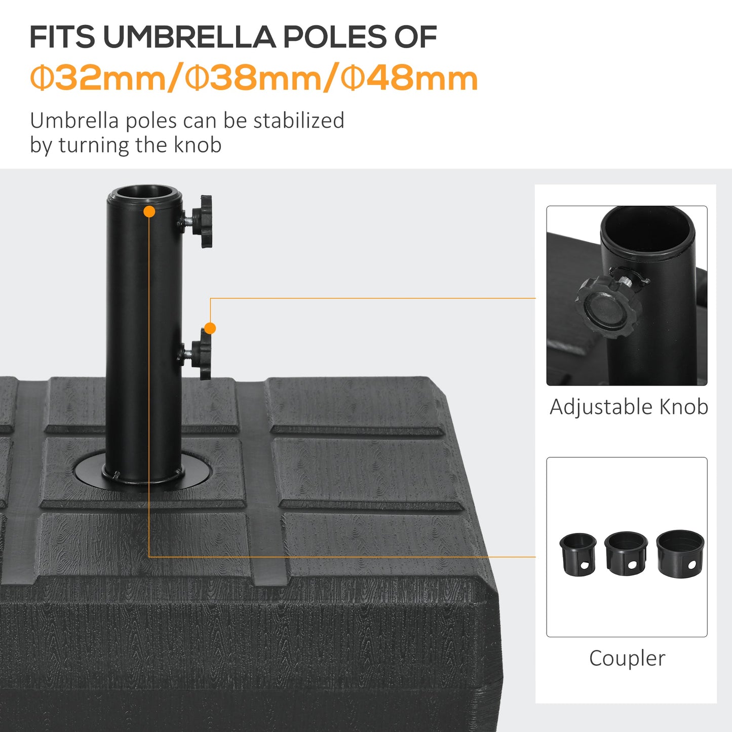 Garden Parasol Base with Wood Effect, 30kg Water or 40kg Sand Filled, Heavy Duty HDPE Umbrella Stand with Double Knob, Fillable Parasol Stand for 32mm, 38mm, 48mm Poles, Black