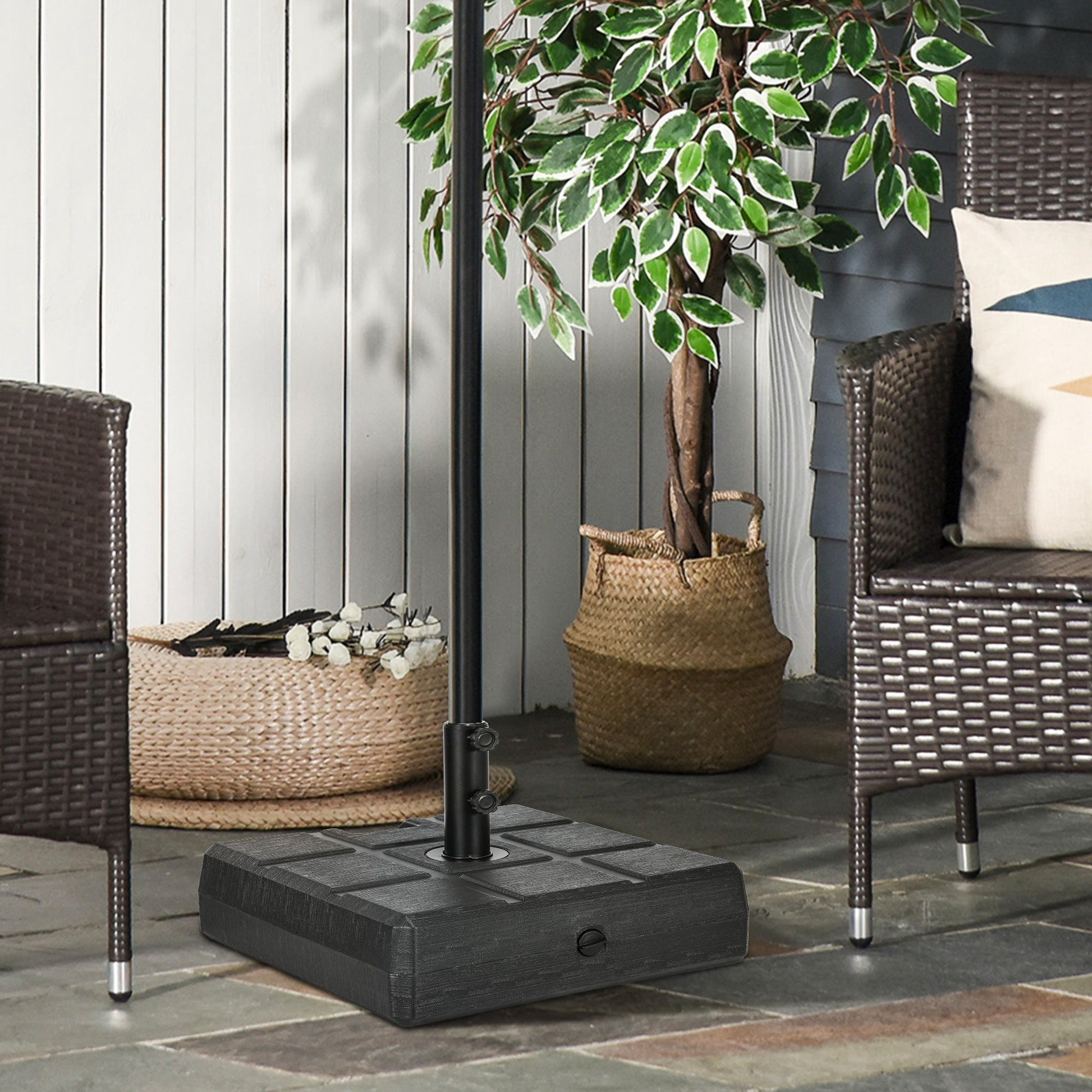 Garden Parasol Base with Wood Effect, 30kg Water or 40kg Sand Filled, Heavy Duty HDPE Umbrella Stand with Double Knob, Fillable Parasol Stand for 32mm, 38mm, 48mm Poles, Black