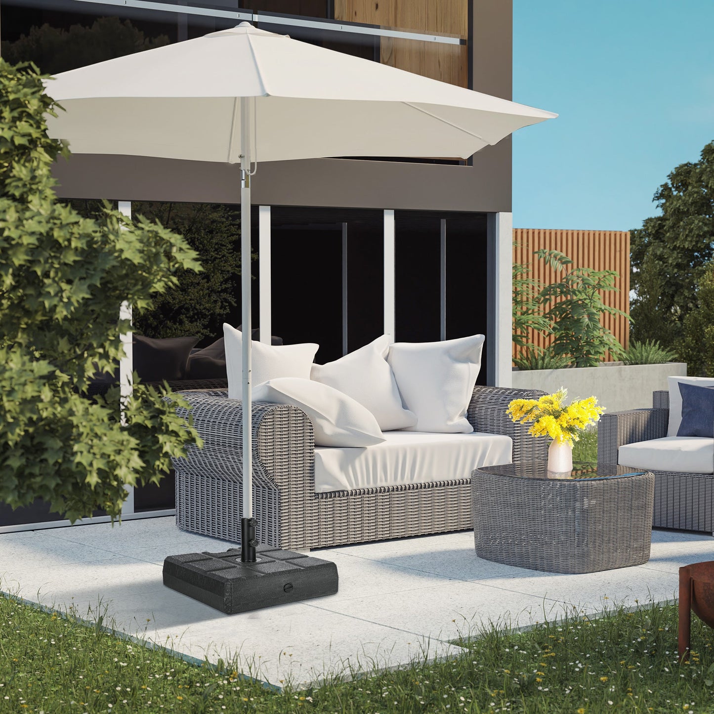 Garden Parasol Base with Wood Effect, 30kg Water or 40kg Sand Filled, Heavy Duty HDPE Umbrella Stand with Double Knob, Fillable Parasol Stand for 32mm, 38mm, 48mm Poles, Black