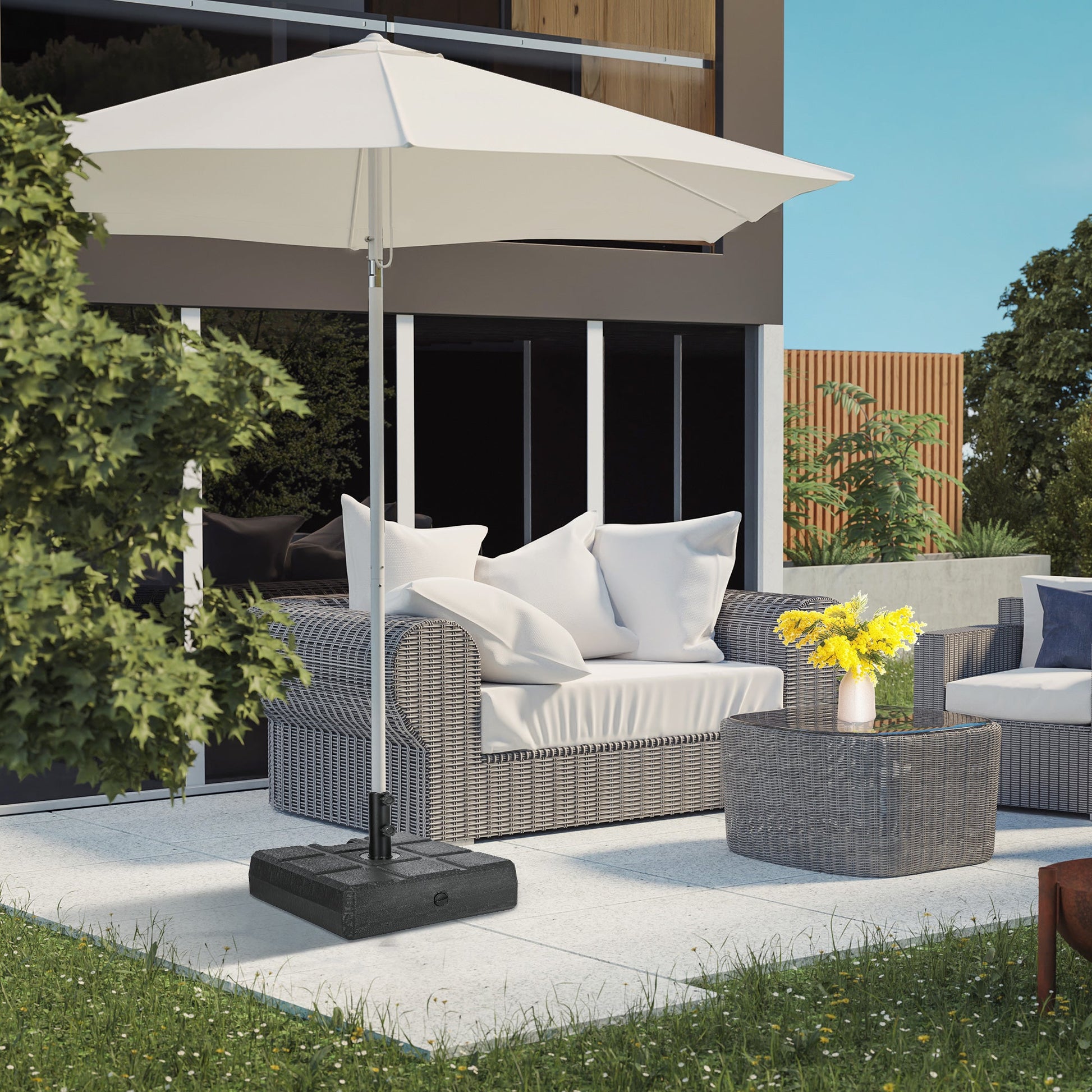Garden Parasol Base with Wood Effect, 30kg Water or 40kg Sand Filled, Heavy Duty HDPE Umbrella Stand with Double Knob, Fillable Parasol Stand for 32mm, 38mm, 48mm Poles, Black