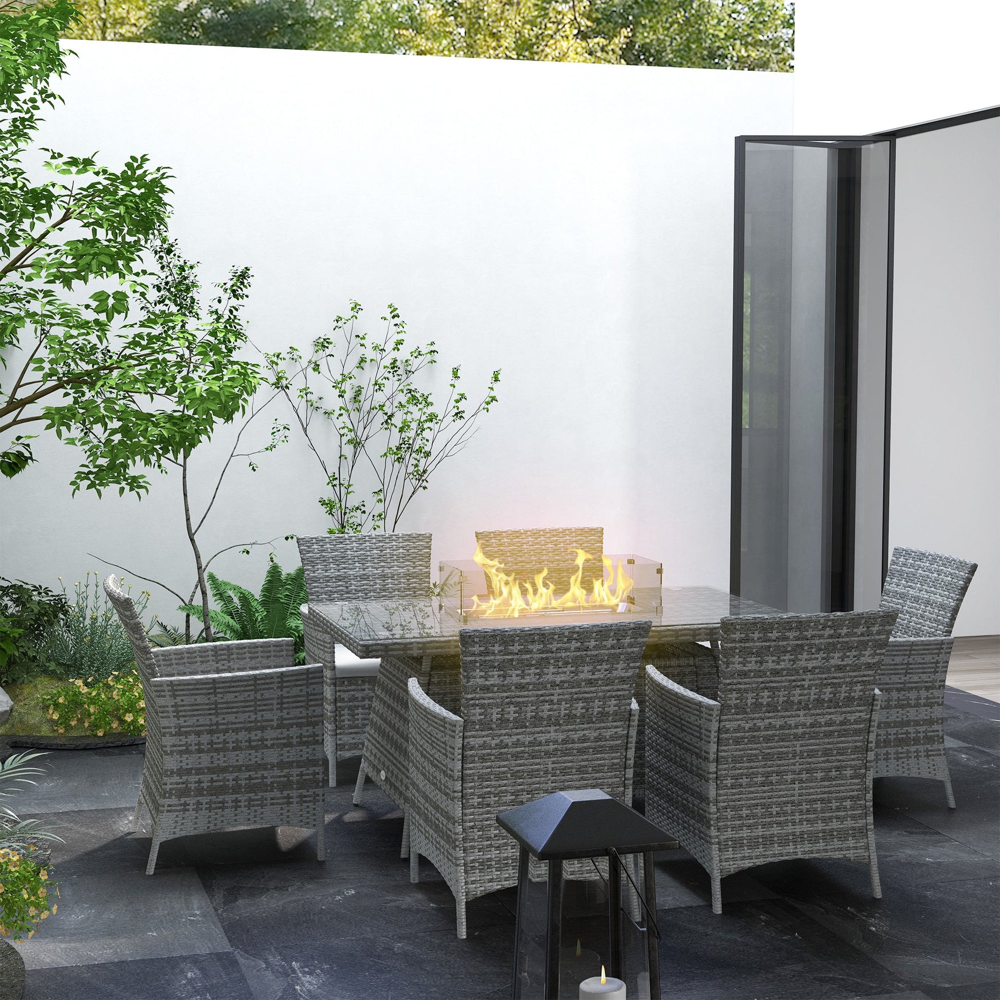 7 Pieces Outdoor Rattan Garden Furniture with Fire Pit Table, 6 Seater Garden Table and Chairs with Cushions, Rattan Dining Set with Propane Heater Table, Windscreen, 50,000 BTU, Grey