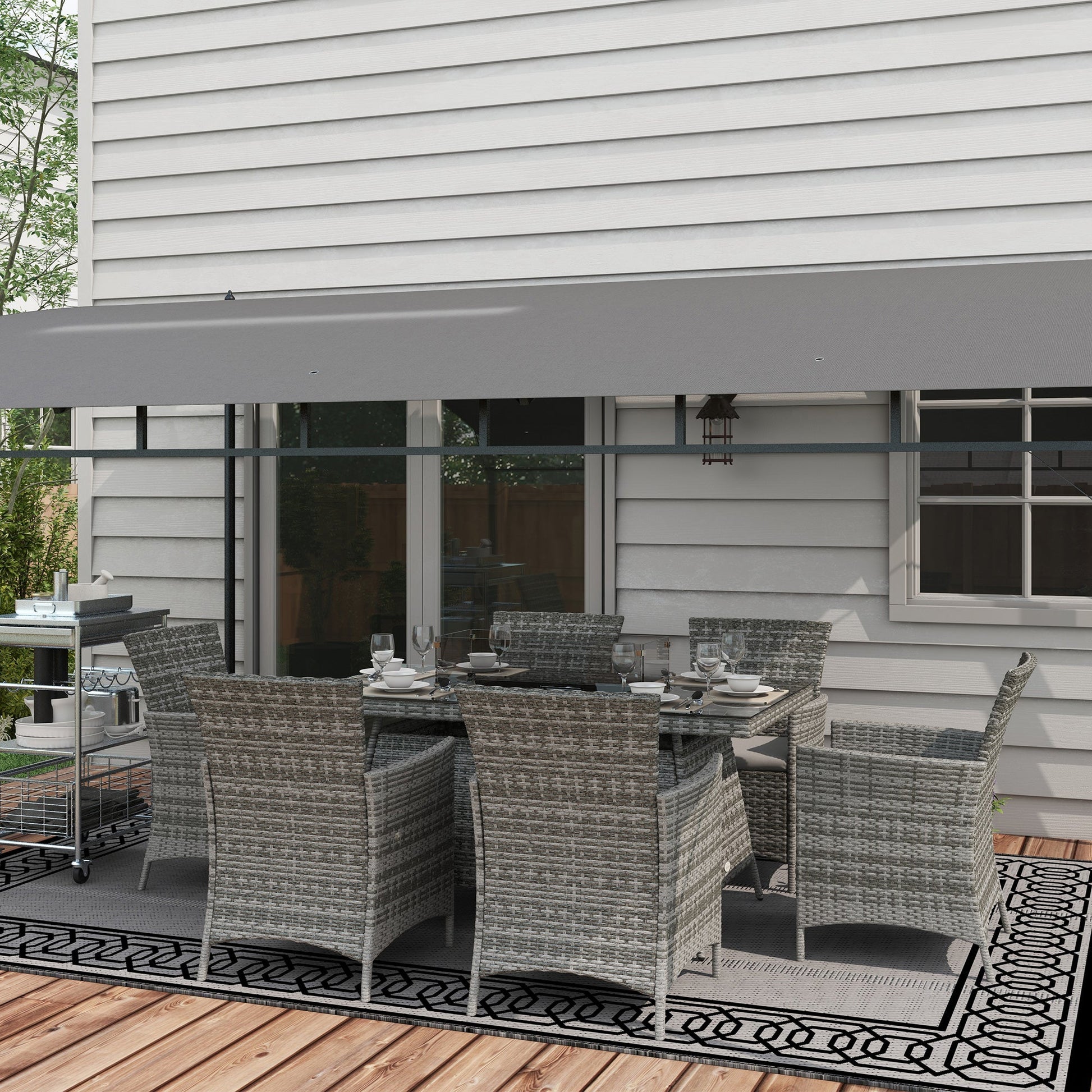 7 Pieces Outdoor Rattan Garden Furniture with Fire Pit Table, 6 Seater Garden Table and Chairs with Cushions, Rattan Dining Set with Propane Heater Table, Windscreen, 50,000 BTU, Grey