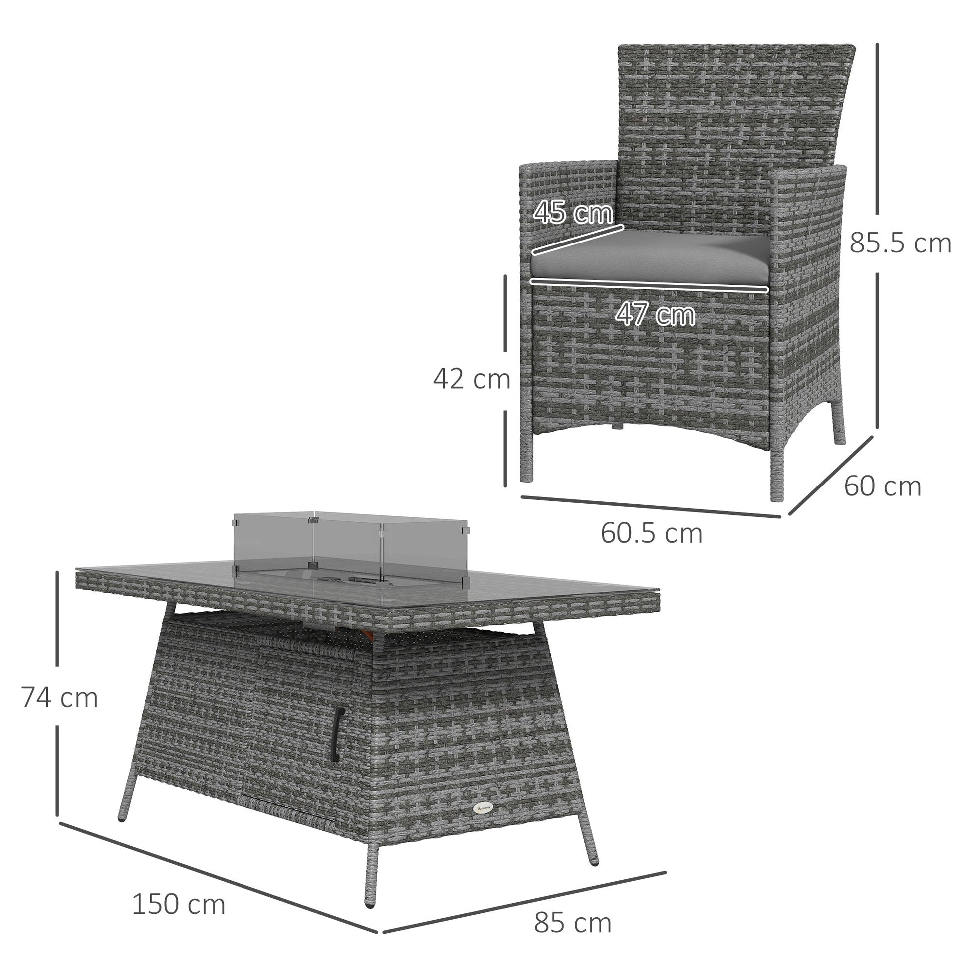 7 Pieces Outdoor Rattan Garden Furniture with Fire Pit Table, 6 Seater Garden Table and Chairs with Cushions, Rattan Dining Set with Propane Heater Table, Windscreen, 50,000 BTU, Grey