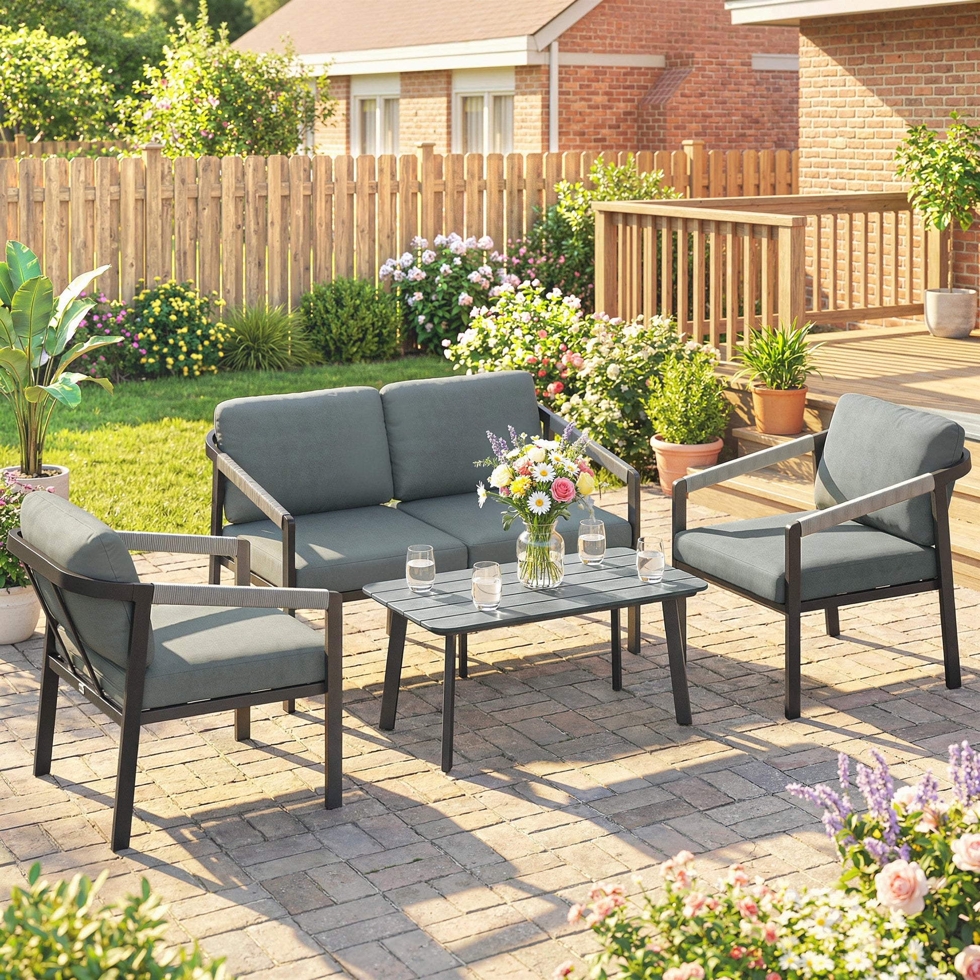 Aluminium Garden Furniture Set, 4 Seater Outdoor Patio Furniture with Loveseat, 2 Armchairs, Slatted Table, Outdoor Furniture Conversation Set with Thick Cushions, Black