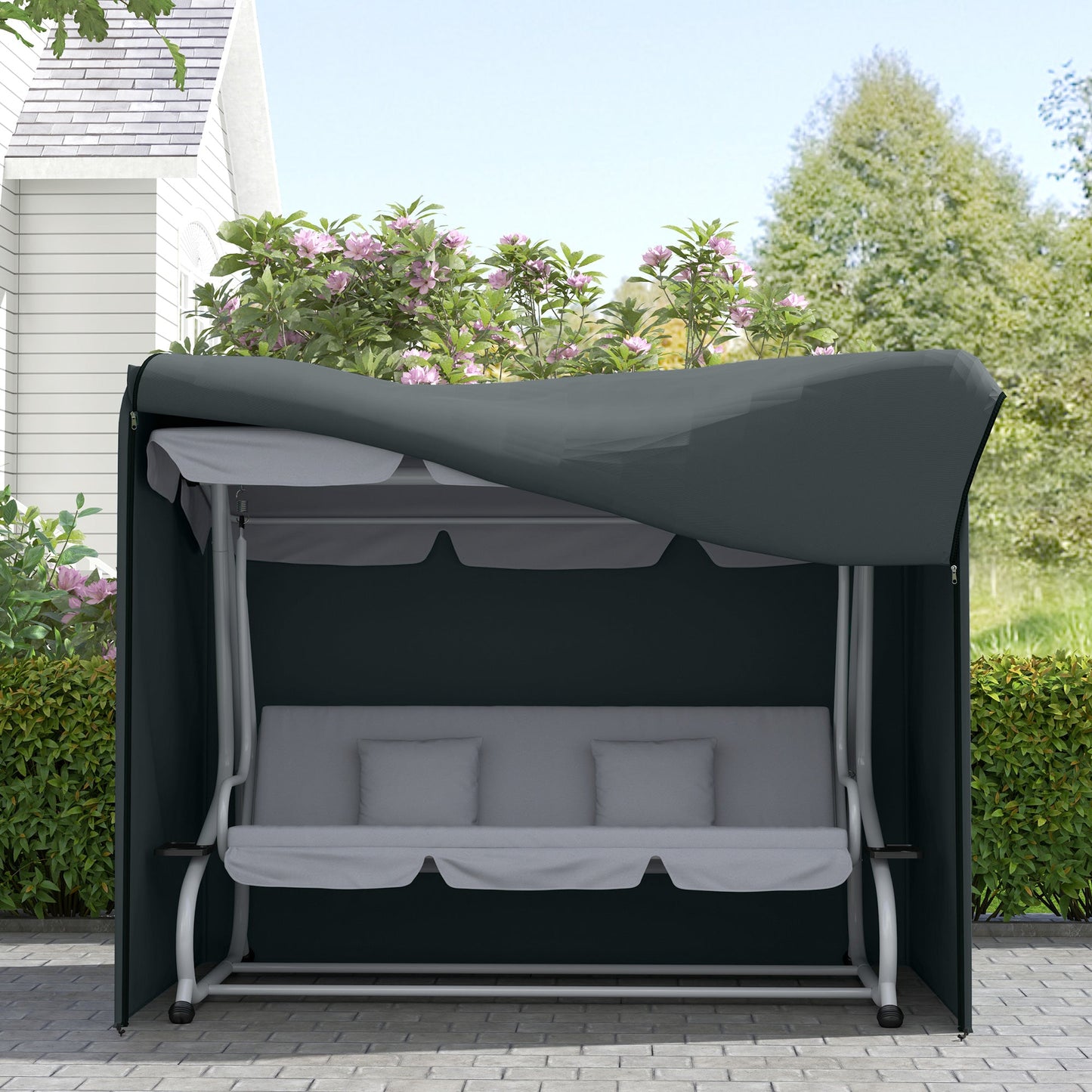 3 Seater Garden Swing Cover, Waterproof Swing Chair Cover, Windproof and Anti-UV 420D Outdoor Swing Bench Cover with Zip, 220 x 125 x 172cm, Grey