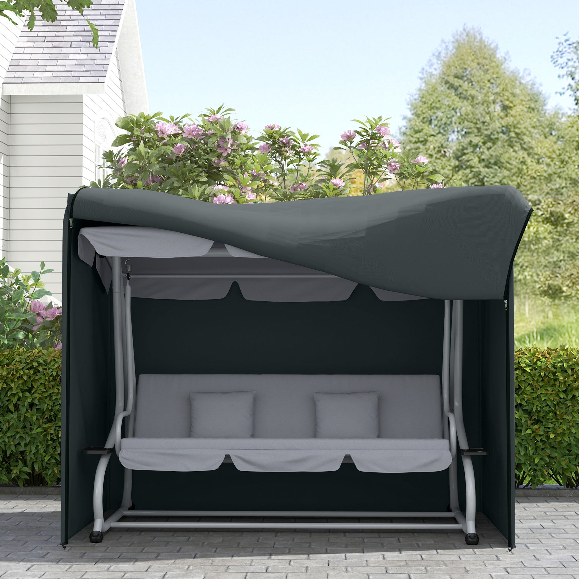 3 Seater Garden Swing Cover, Waterproof Swing Chair Cover, Windproof and Anti-UV 420D Outdoor Swing Bench Cover with Zip, 220 x 125 x 172cm, Grey