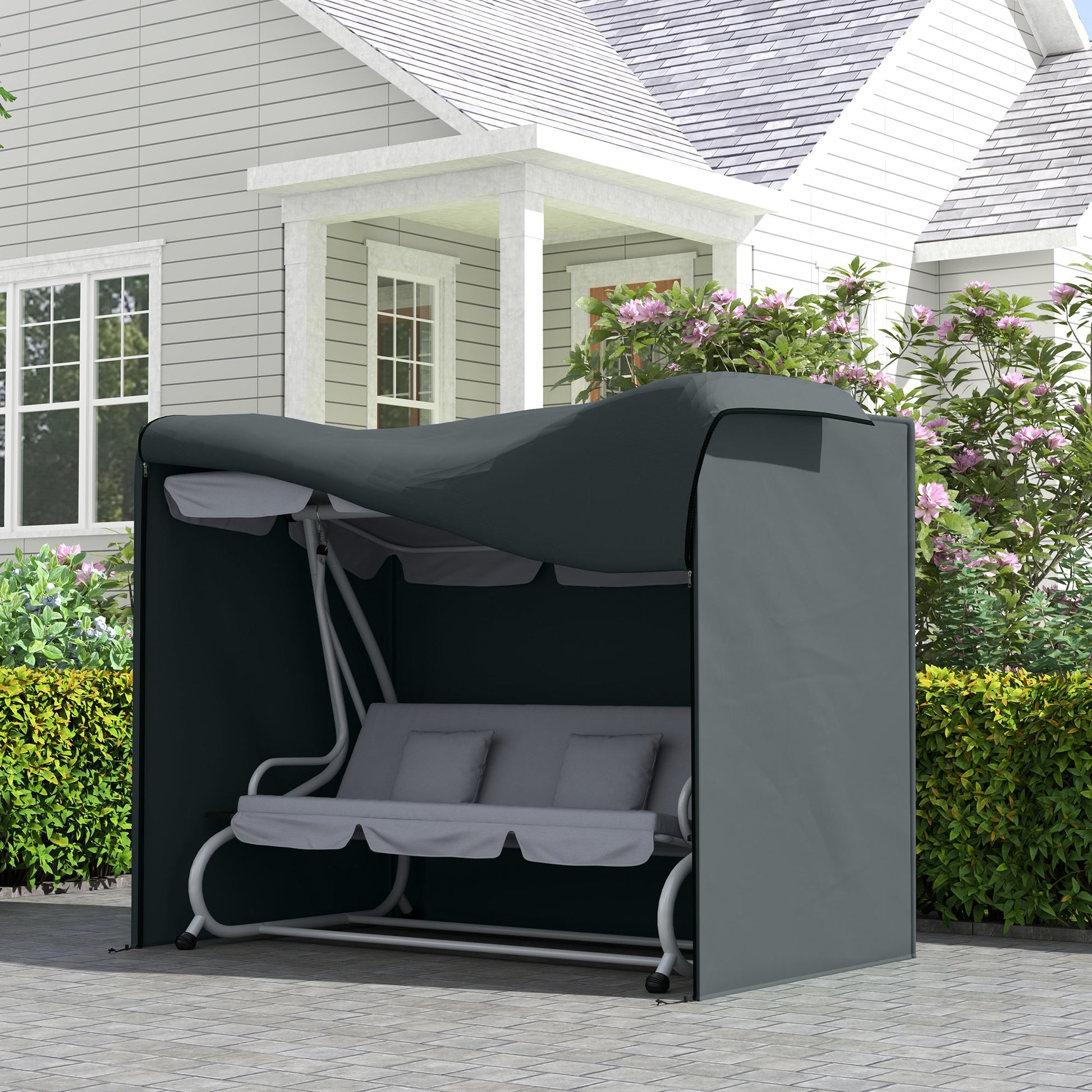 3 Seater Garden Swing Cover, Waterproof Swing Chair Cover, Windproof and Anti-UV 420D Outdoor Swing Bench Cover with Zip, 220 x 125 x 172cm, Grey