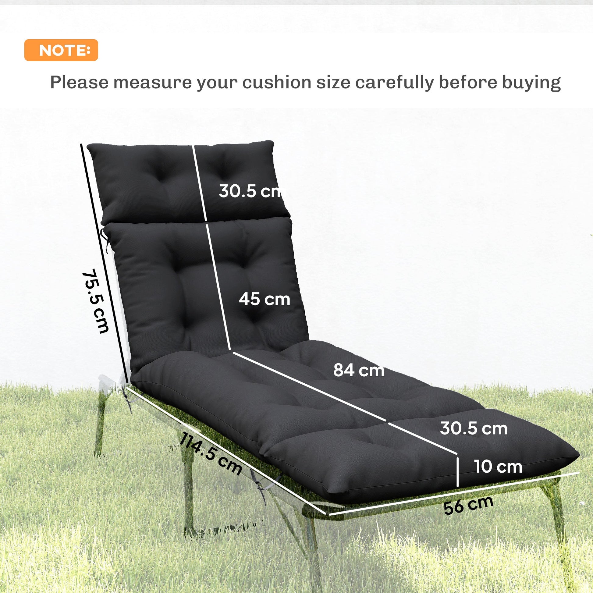 Sun Lounger Cushions Only, 190x56x10cm Garden Lounge Chair Cushions Set of 2, UPF20+ 220gsm Fabric, Thick Sunbed Replacement Pads with 6 Ties, Black