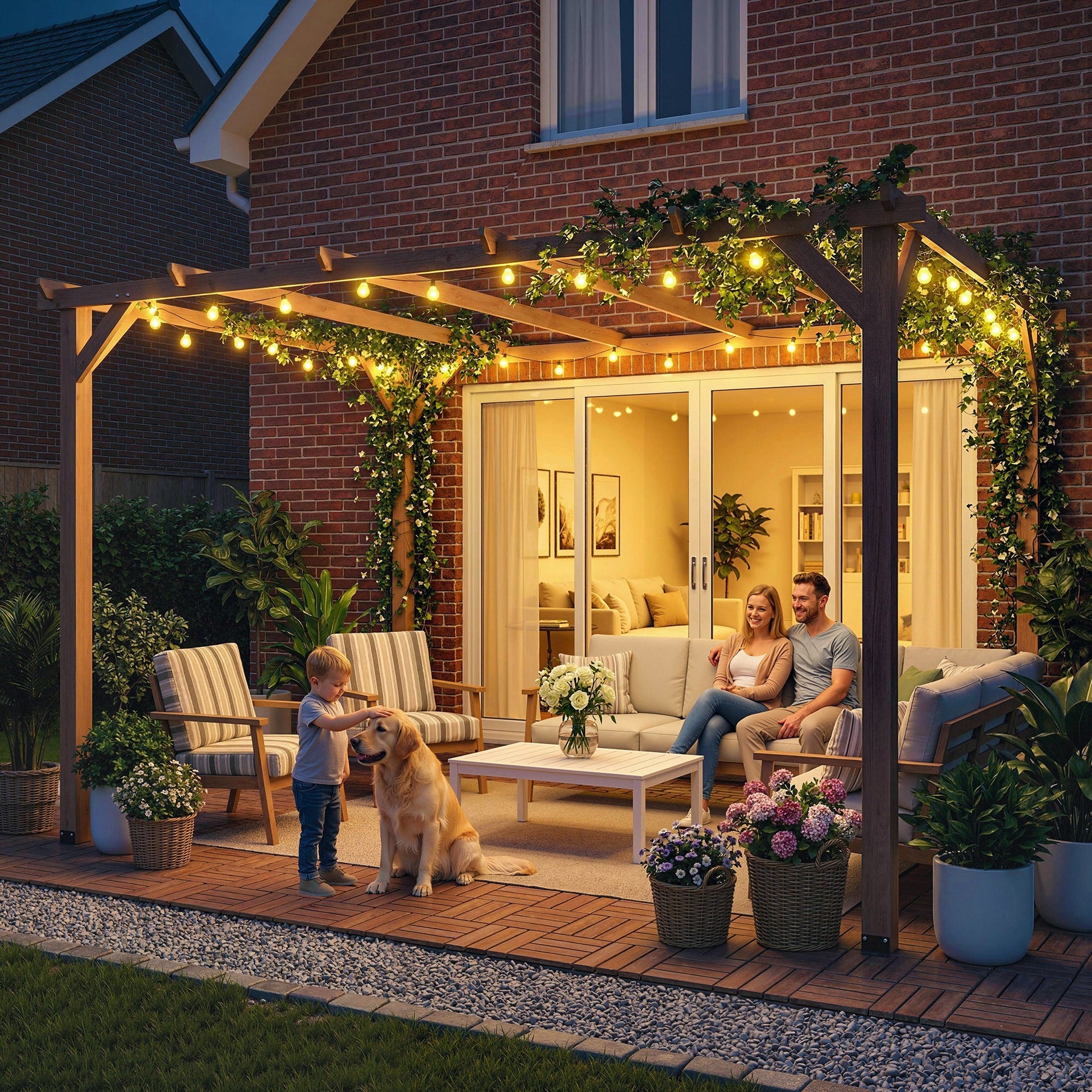 4 x 3 m Wooden Pergola Kit, Garden Pergola Gazebo Grape Trellis with Triangle Supports, 6 Crossing Beams for Climbing Vines, Flowers, Sun Shade Shelter for Grill, Patio, Maple Wood-effect