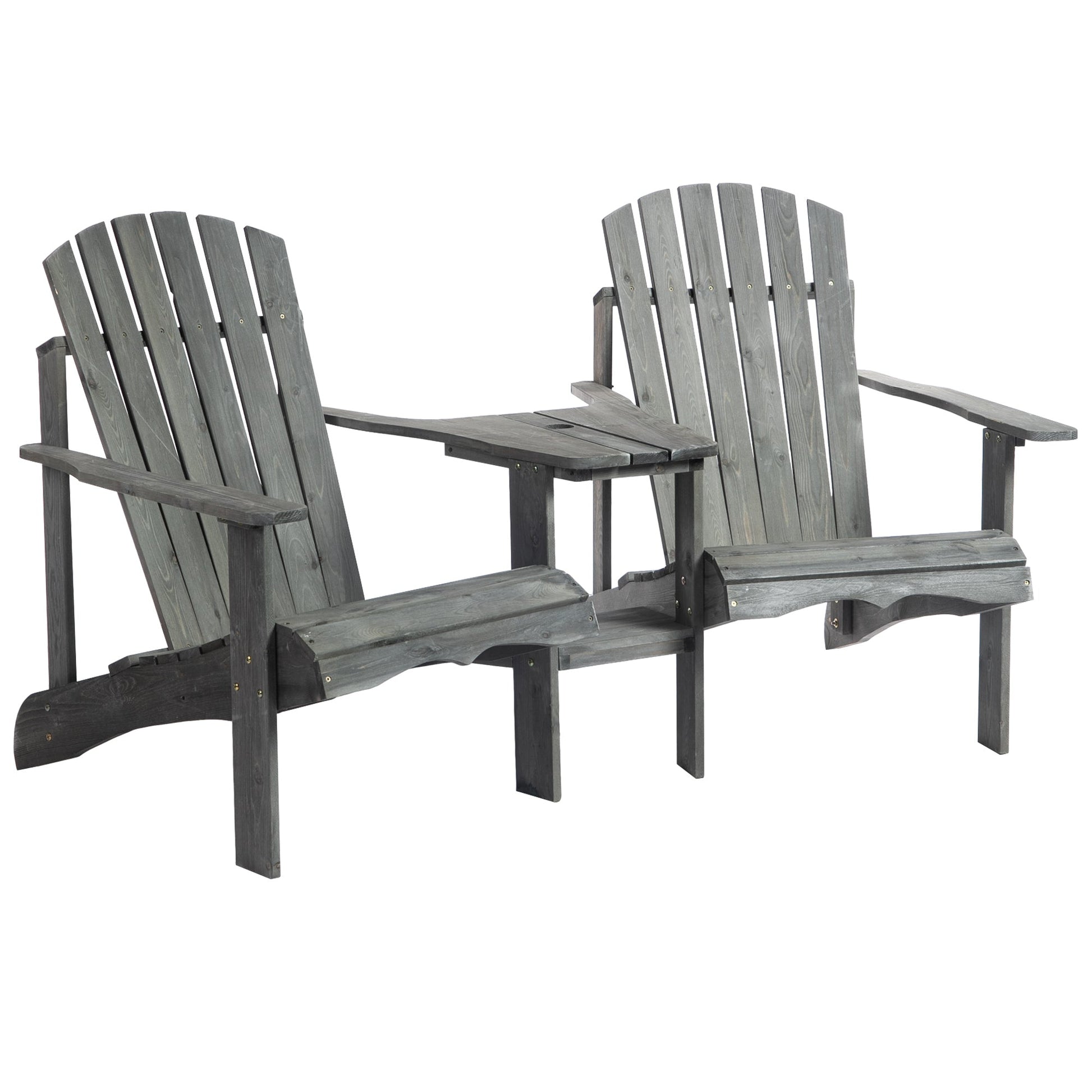 Wooden Outdoor Double Adirondack Chairs Loveseat w/ Centre Table and Umbrella Hole, Garden Patio Furniture for Lounging and Relaxing, Grey