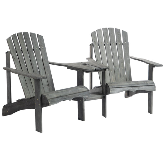 Wooden Outdoor Double Adirondack Chairs Loveseat w/ Centre Table and Umbrella Hole, Garden Patio Furniture for Lounging and Relaxing, Grey