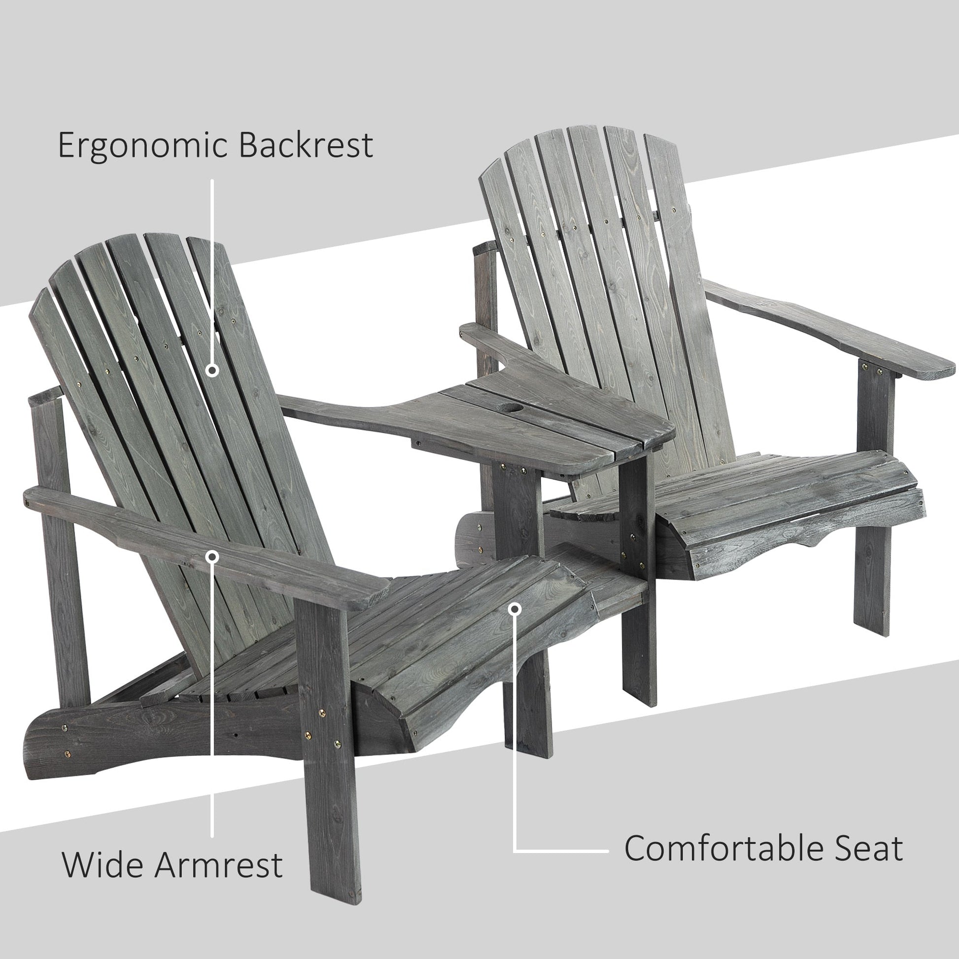 Wooden Outdoor Double Adirondack Chairs Loveseat w/ Centre Table and Umbrella Hole, Garden Patio Furniture for Lounging and Relaxing, Grey