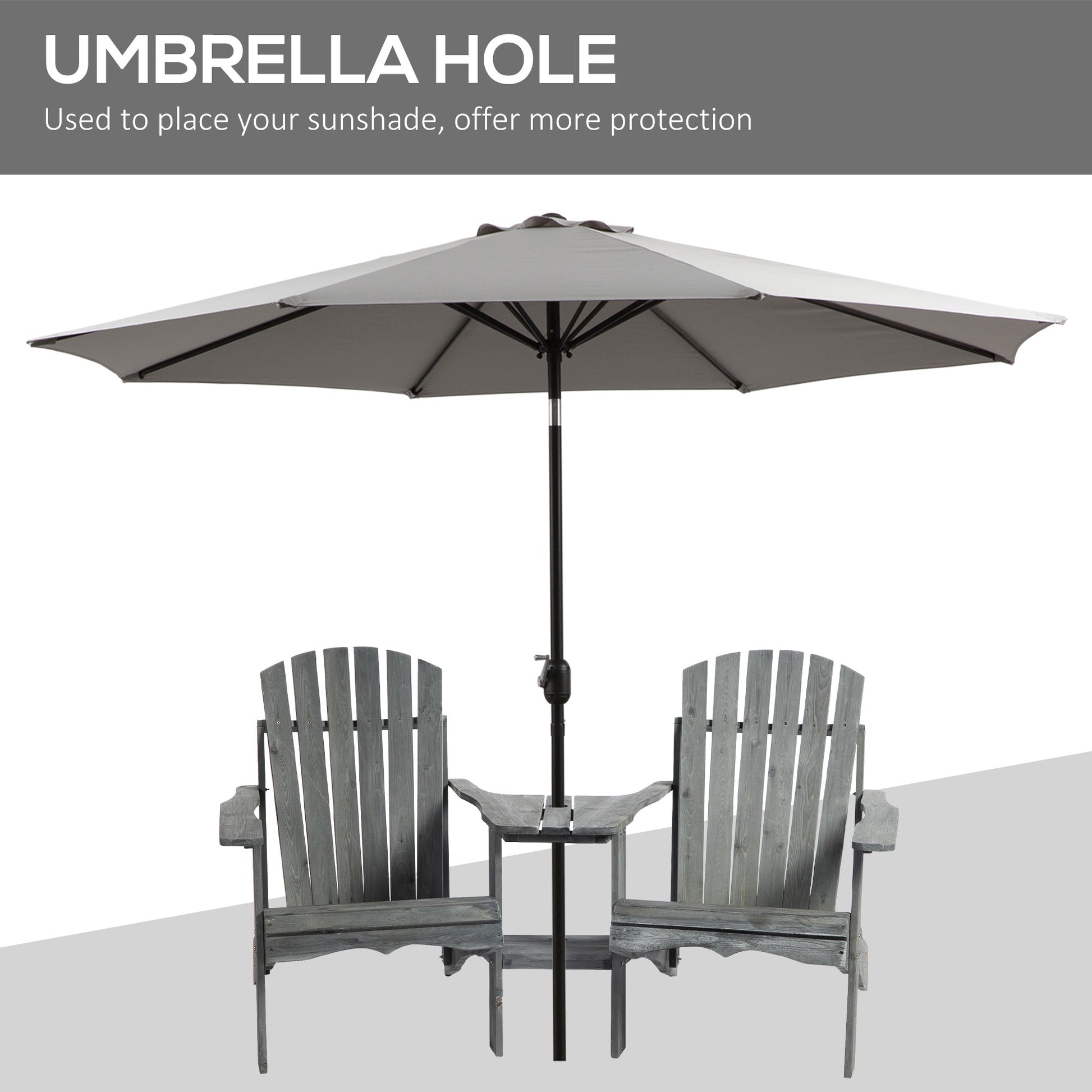 Wooden Outdoor Double Adirondack Chairs Loveseat w/ Centre Table and Umbrella Hole, Garden Patio Furniture for Lounging and Relaxing, Grey