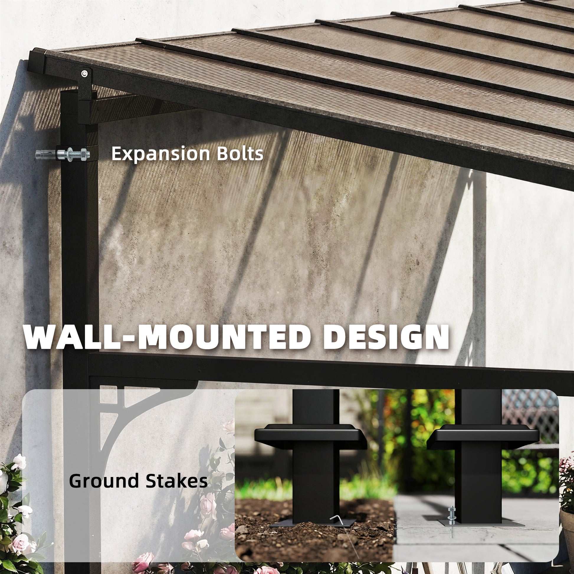 4 x 3 m Metal Lean-to Pergola, Wall-Mounted Garden Pergola with Polycarbonate Roof and Metal-Aluminium Frame, Heavy Duty Hardtop Gazebo for Outdoor Patios, BBQ, Brown