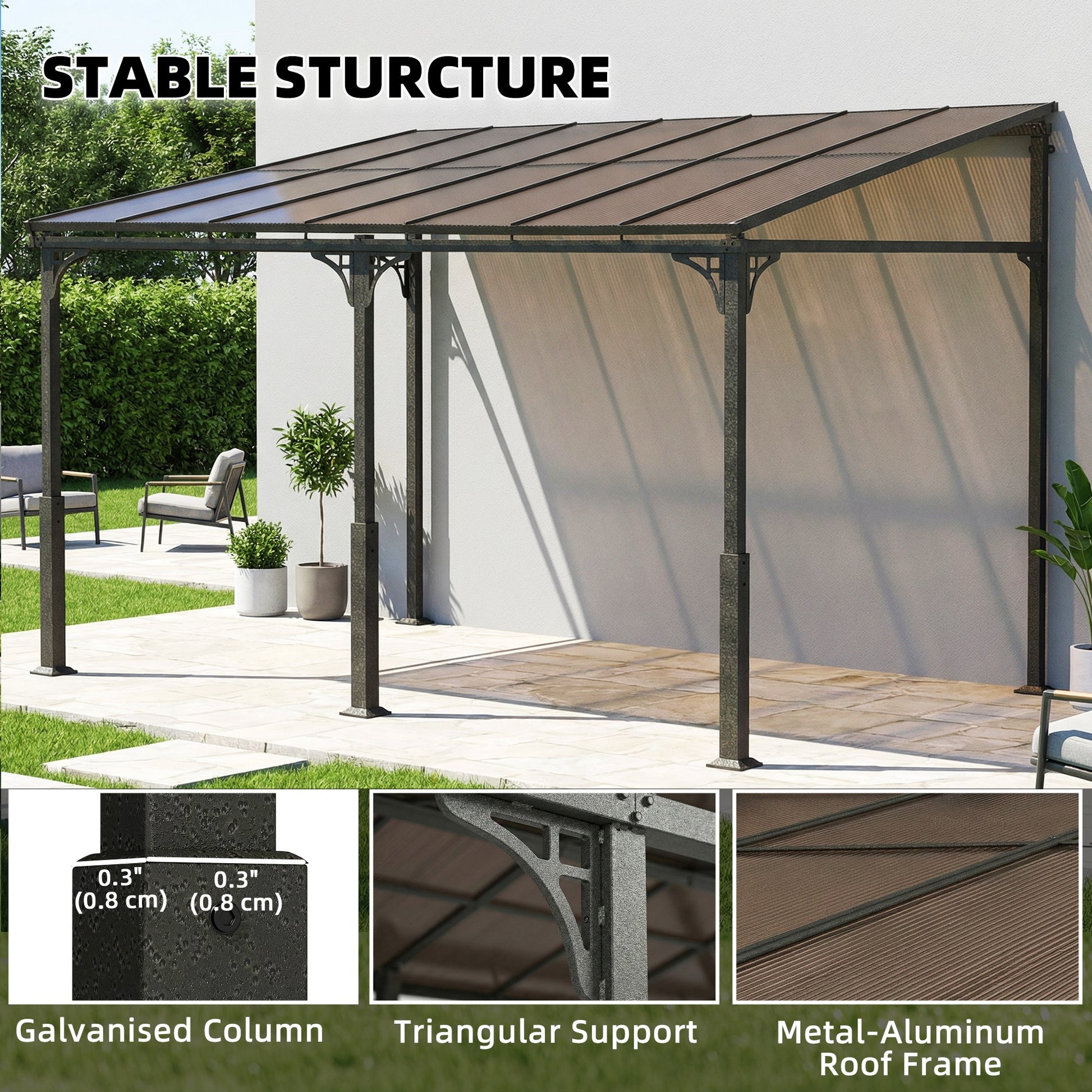 4 x 3 m Metal Lean-to Pergola, Wall-Mounted Garden Pergola with Polycarbonate Roof and Metal-Aluminium Frame, Heavy Duty Hardtop Gazebo for Outdoor Patios, BBQ, Brown