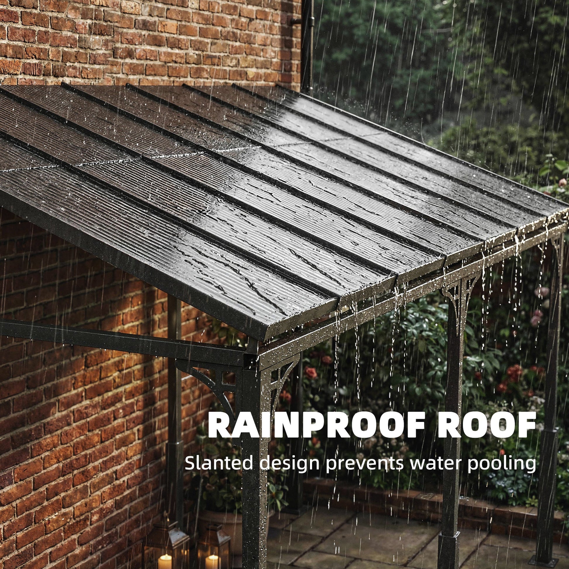 4 x 3 m Metal Lean-to Pergola, Wall-Mounted Garden Pergola with Polycarbonate Roof and Metal-Aluminium Frame, Heavy Duty Hardtop Gazebo for Outdoor Patios, BBQ, Brown