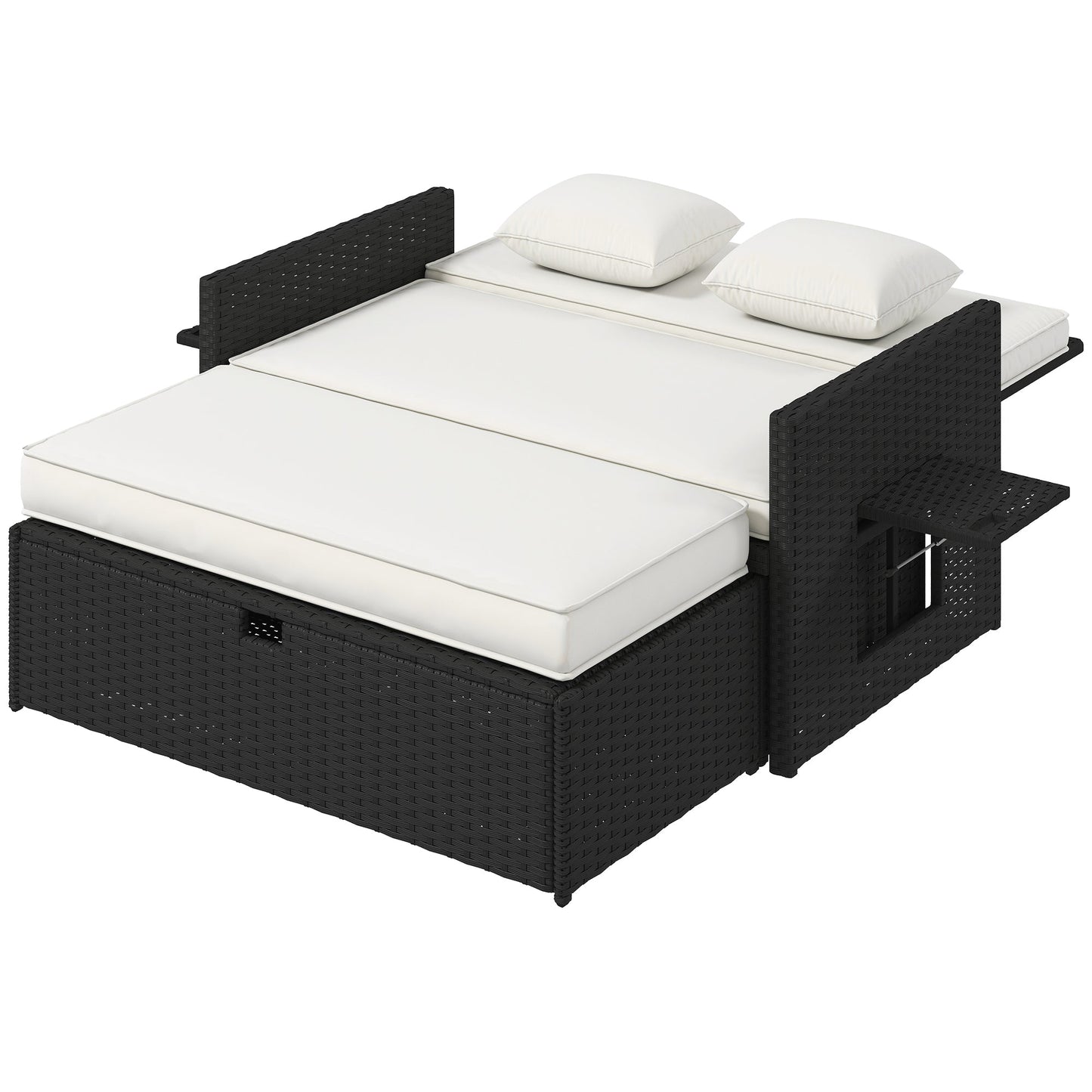 Rattan Garden Daybed, Assembled Double Sun Lounger with 5-Level Adjustable Back, Storage Ottoman, Cushions, Pillows and Retractable Trays, Outdoor Loveseat Sofa Bed for Patio, Cream White