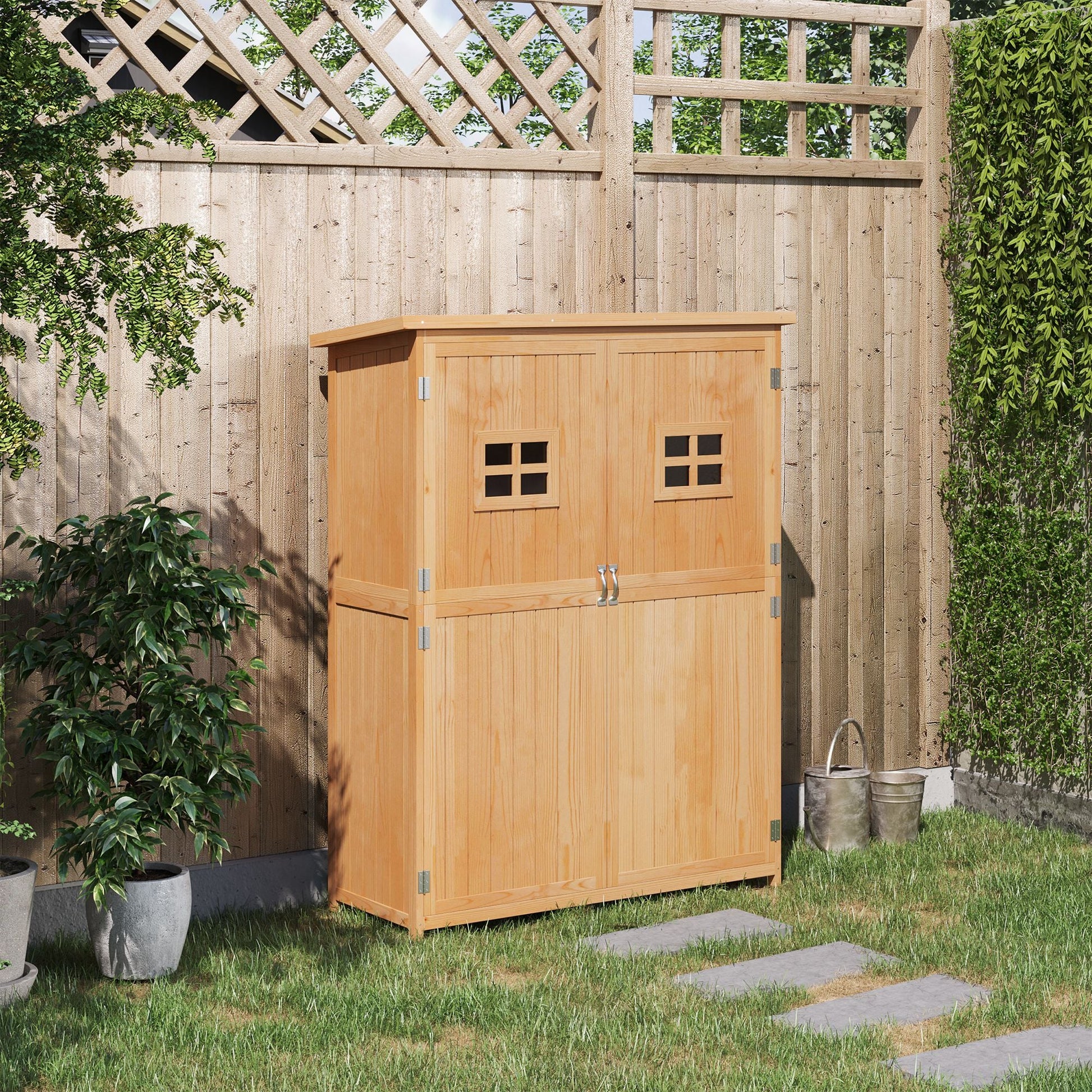 Wooden Garden Shed with Two Windows, Tool Storage Cabinet, Outdoor Double Door Organizer 127.5L x 50W x 164H cm, Natural