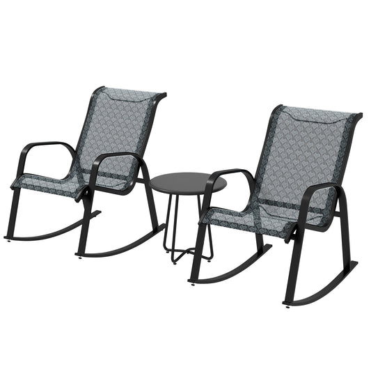 3 Piece Outdoor Rocking Set with 2 Armchairs and Metal Top Coffee Table, Patio Bistro Set with Curved Armrests, Breathable Mesh Fabric Seat for Garden, Deck, Mixed Grey