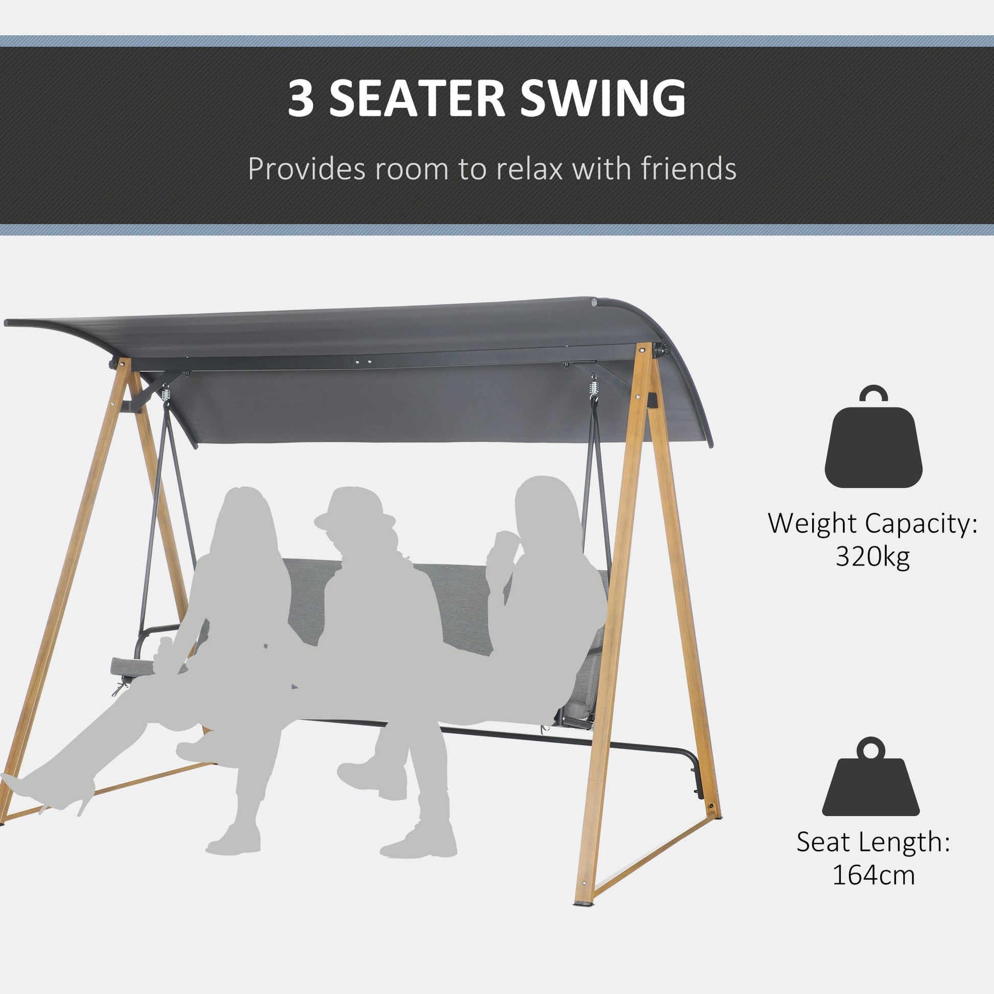 3 Seater Swing Chair, Garden Swing Bench with Adjustable Canopy, Cushioned Seat and Weather Resistant Steel Frame for Patio, Yard