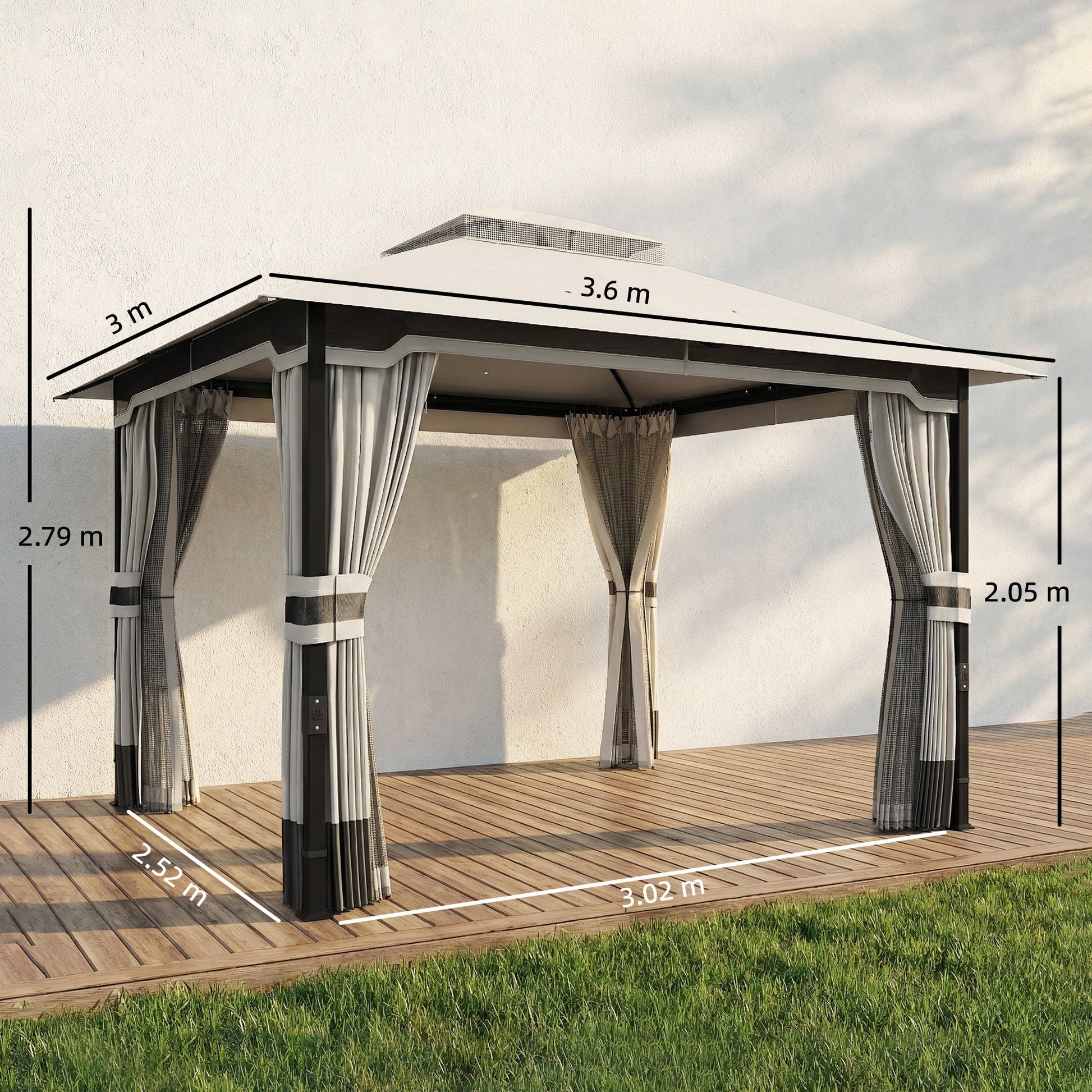 3 x 3.6 m Outdoor Garden Gazebo with Netting and Curtains, Double Roof Patio Gazebo Permanent Pavilion Canopy Shelter with Metal Frame, Drainage Holes, Light Grey