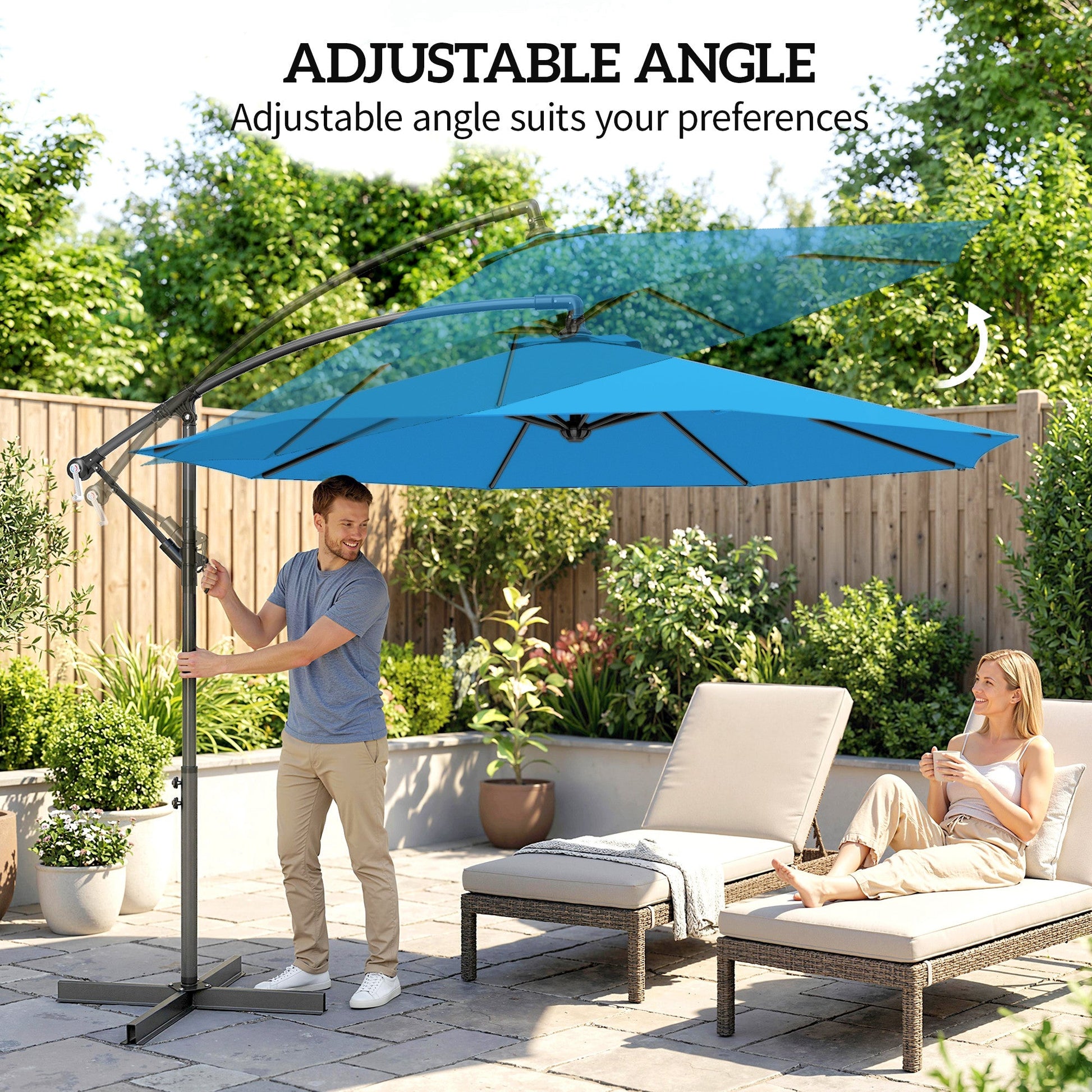 3 m Cantilever Parasol with Cross Base, Offset Outdoor Umbrella, Crank Handle, Hanging Sun Shade, Blue