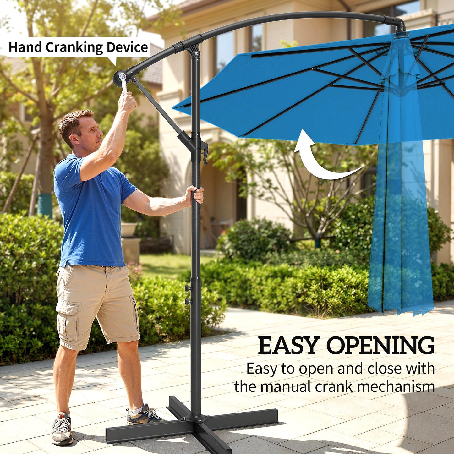 3 m Cantilever Parasol with Cross Base, Offset Outdoor Umbrella, Crank Handle, Hanging Sun Shade, Blue