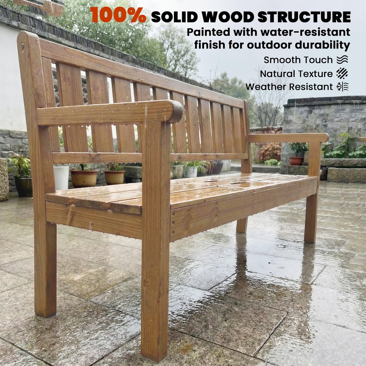 Wooden Garden Loveseat with Liftable Table and Hidden Storage Shelf, 2-3-Seater Outdoor Bench, Fir Wood Jack and Jill Garden Seat with Armrests for Patio, Porch, Teak