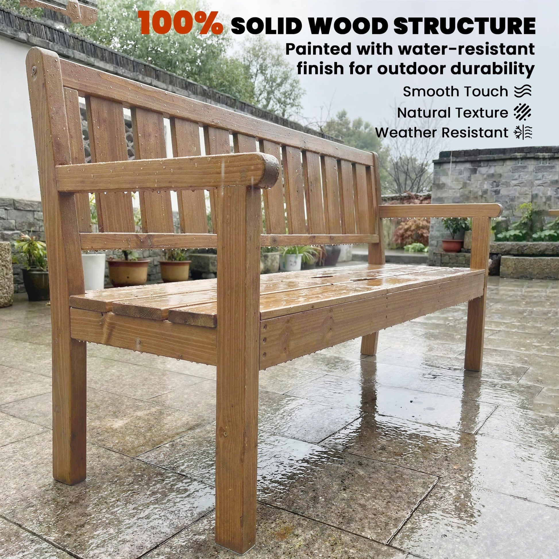Wooden Garden Loveseat with Liftable Table and Hidden Storage Shelf, 2-3-Seater Outdoor Bench, Fir Wood Jack and Jill Garden Seat with Armrests for Patio, Porch, Teak