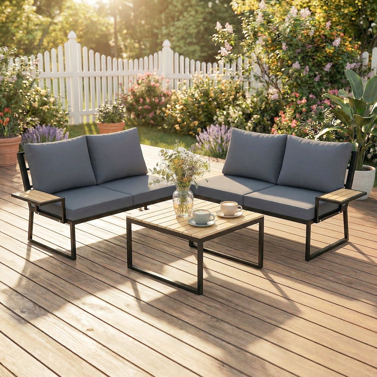 4 Seater Rattan Garden Furniture Set, Corner Garden Sofa Set with 2 Loveseats, 2 Nesting Coffee Tables, Arm Side Trays, Cushions, Metal Outdoor Furniture Conversation Sets for Patio, Teak