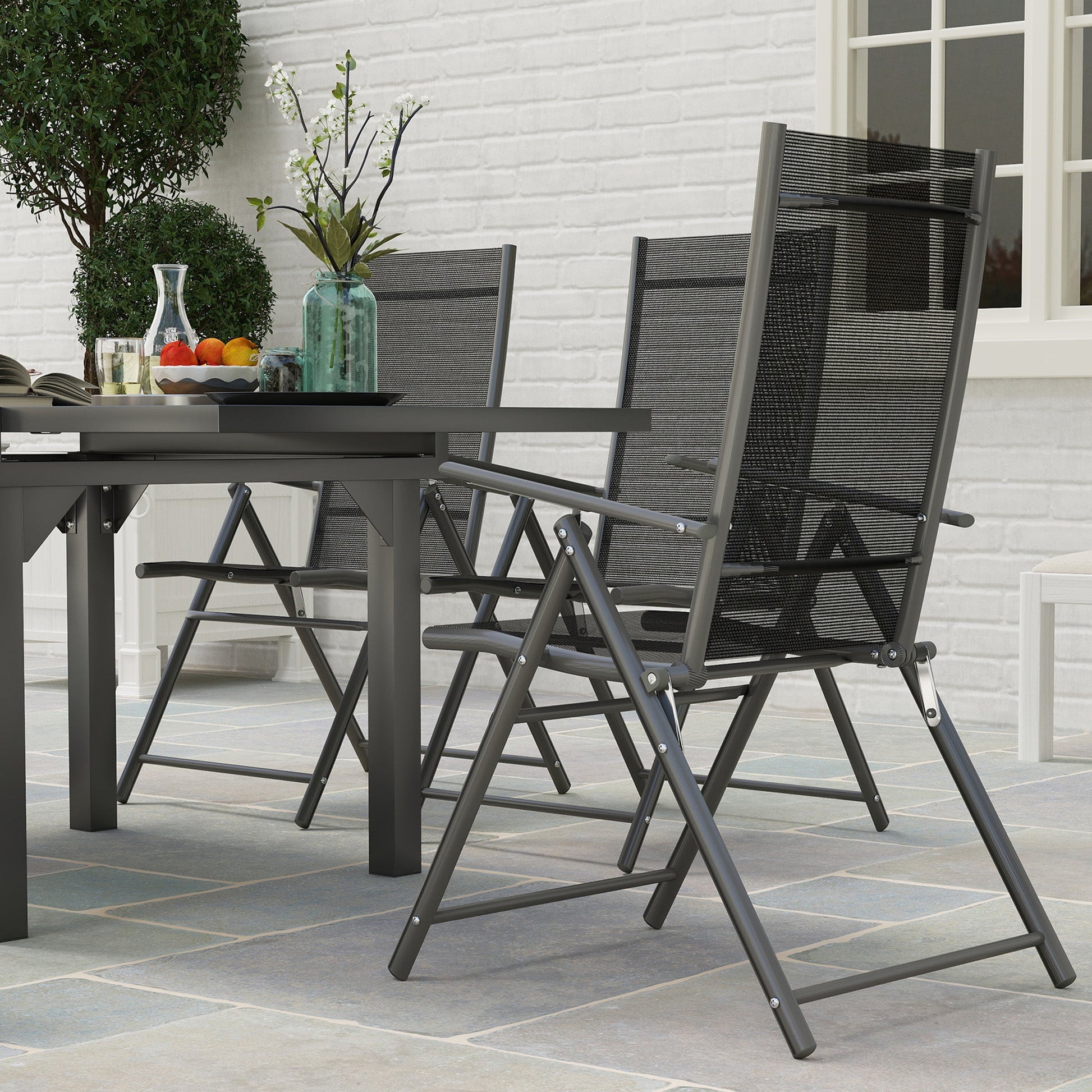 7 Piece Outdoor Dining Set, Garden Furniture Set with Extendable Table and 6 Folding Chairs, Outdoor Conversation Set with 5mm Tempered Glass Top & Aluminium Frame, for Patio, Balcony, Deck
