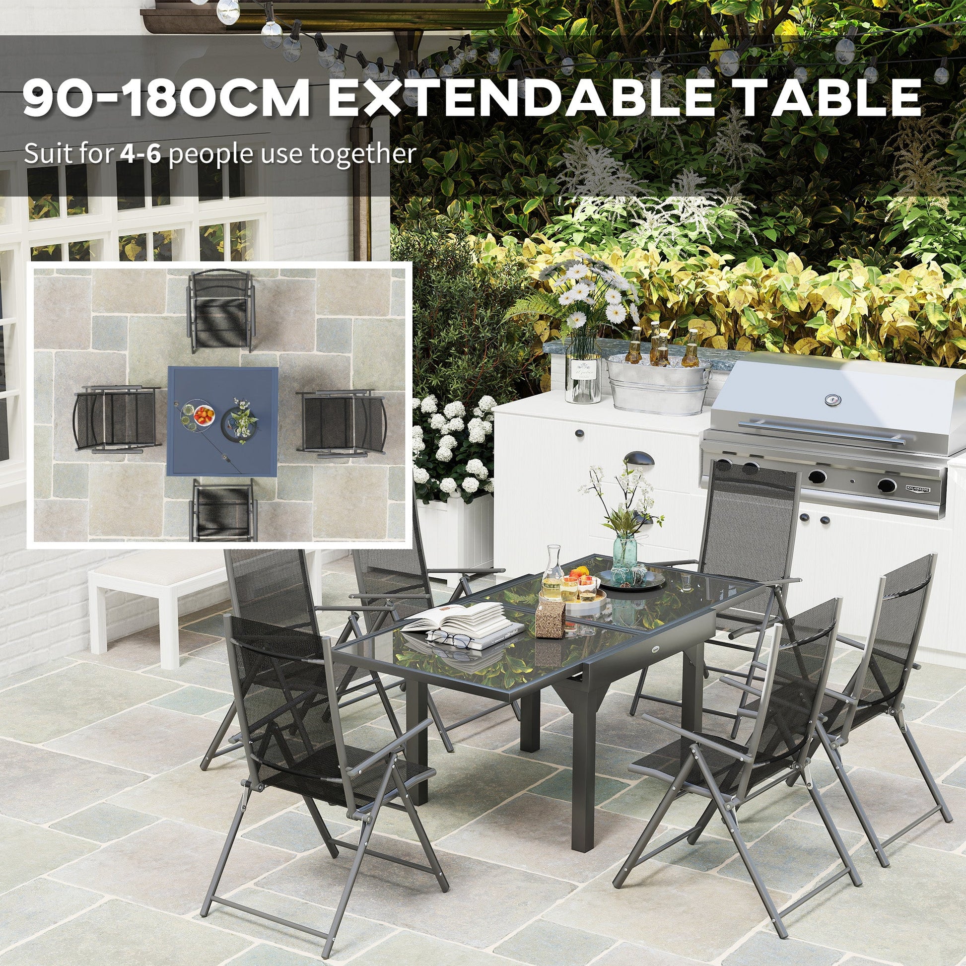 7 Piece Outdoor Dining Set, Garden Furniture Set with Extendable Table and 6 Folding Chairs, Outdoor Conversation Set with 5mm Tempered Glass Top & Aluminium Frame, for Patio, Balcony, Deck
