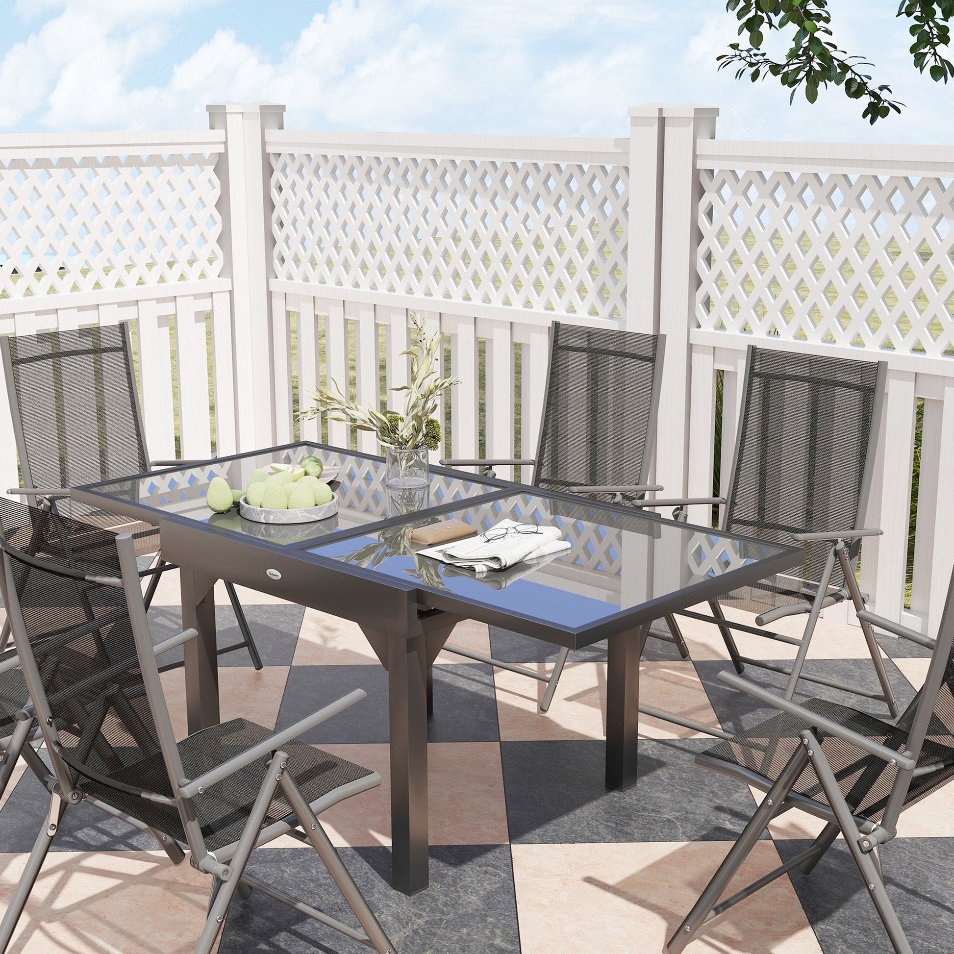 7 Piece Outdoor Dining Set, Garden Furniture Set with Extendable Table and 6 Folding Chairs, Outdoor Conversation Set with 5mm Tempered Glass Top & Aluminium Frame, for Patio, Balcony, Deck