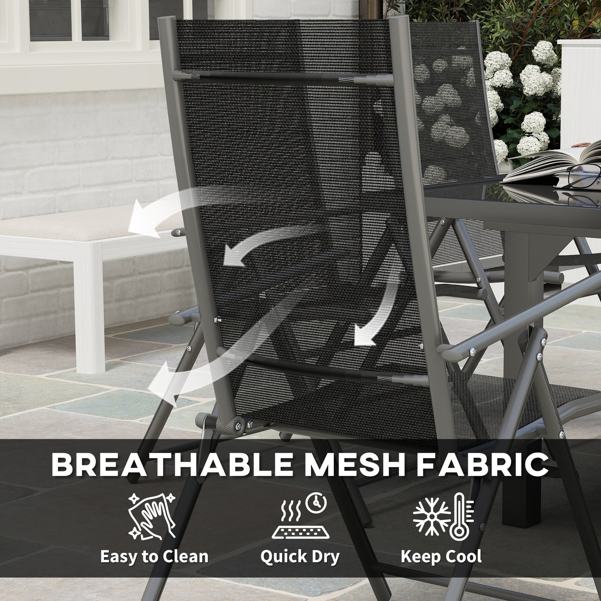 7 Piece Outdoor Dining Set, Garden Furniture Set with Extendable Table and 6 Folding Chairs, Outdoor Conversation Set with 5mm Tempered Glass Top & Aluminium Frame, for Patio, Balcony, Deck