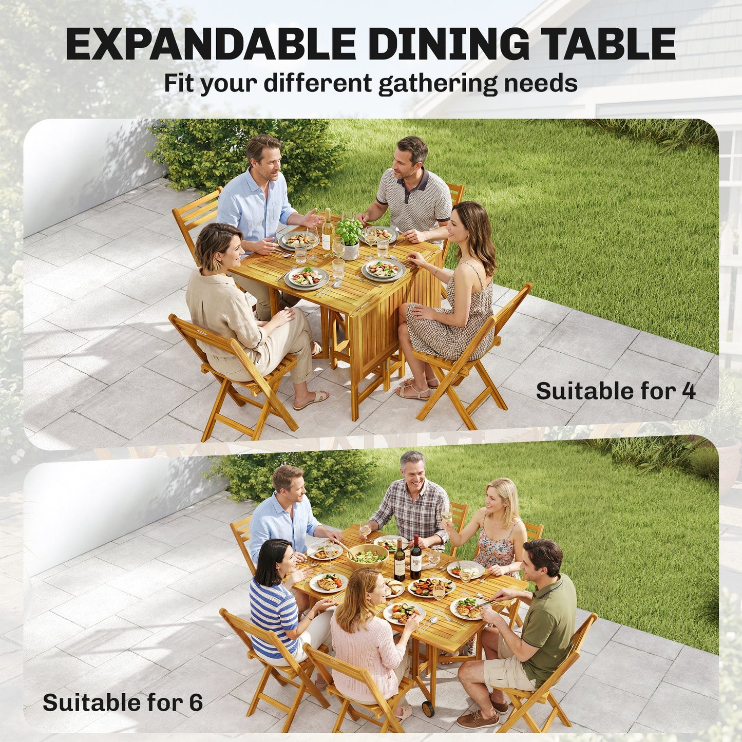 7 Pieces Garden Dining Set, Extending Dining Table and 6 Folding Chairs with Umbrella Hole, Garden Furniture Set with FSC-Certified Acacia Wood for Patio, Natural Wood