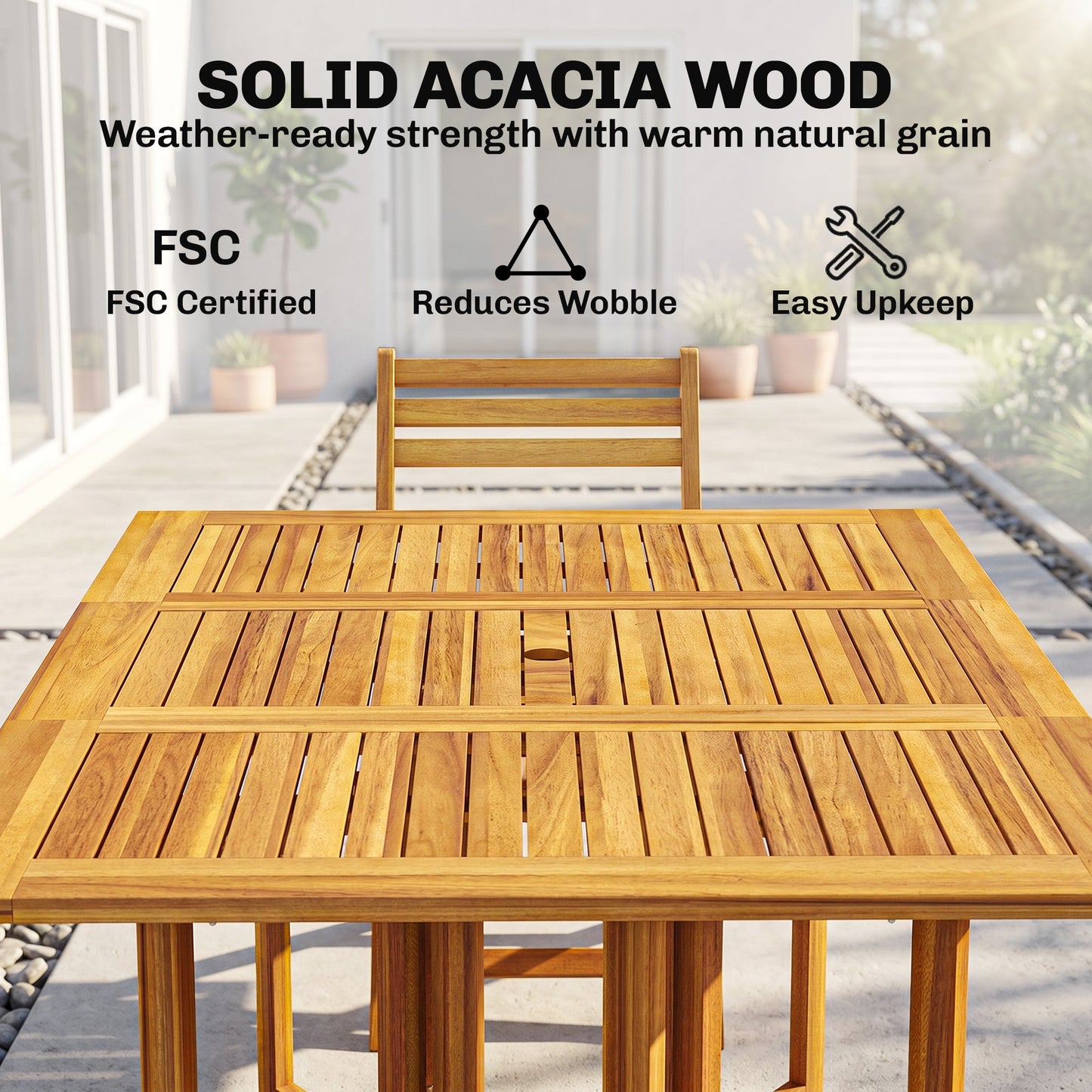 7 Pieces Garden Dining Set, Extending Dining Table and 6 Folding Chairs with Umbrella Hole, Garden Furniture Set with FSC-Certified Acacia Wood for Patio, Natural Wood