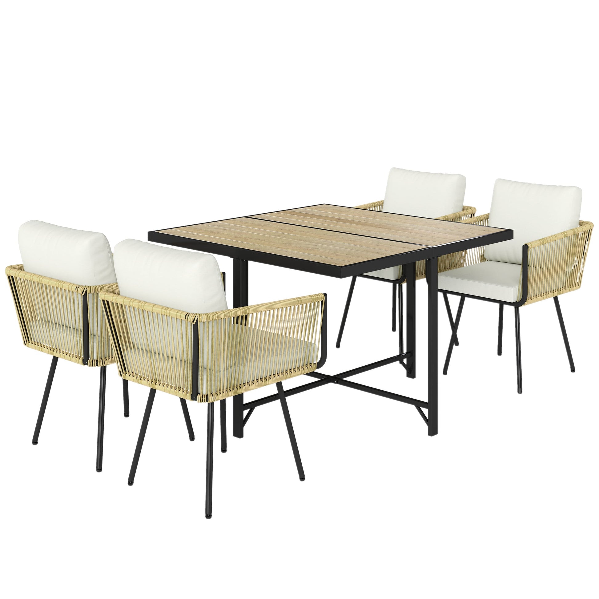 5 Piece Rattan Garden Furniture Set, Garden Dining Set with Wood-Plastic Table and 4 Stackable Chairs, Rattan Table and Chairs with 4 Cushions for Patio, Terrace, Beige