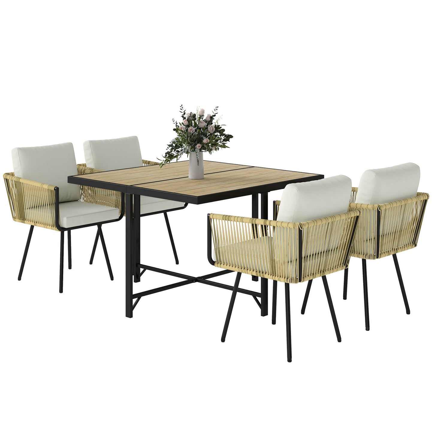 5 Piece Rattan Garden Furniture Set, Garden Dining Set with Wood-Plastic Table and 4 Stackable Chairs, Rattan Table and Chairs with 4 Cushions for Patio, Terrace, Beige