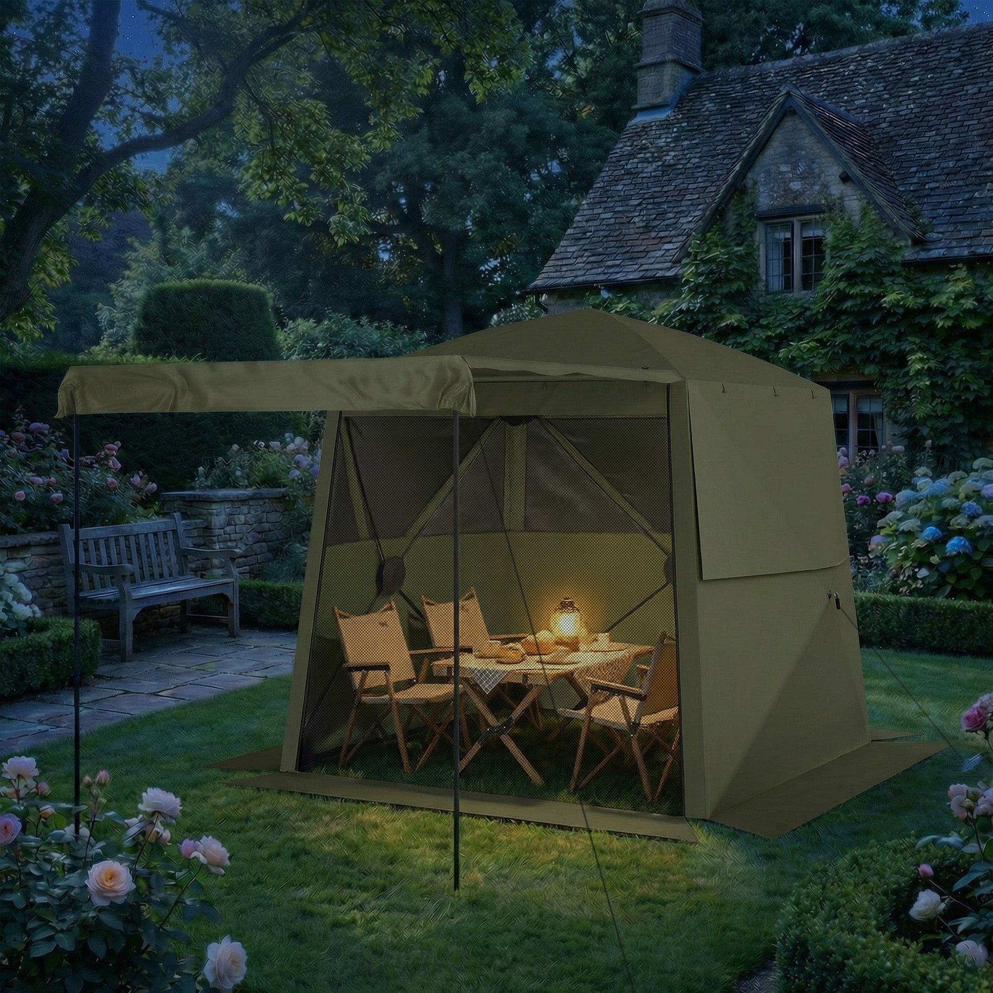 2 x 2 m Pop Up Gazebo with Awning, Waterproof Instant Shelter for Garden BBQ, Fishing, Camping, Easy Setup Garden Gazebo with Sides, Mesh Windows & Carry Bag, Army Green
