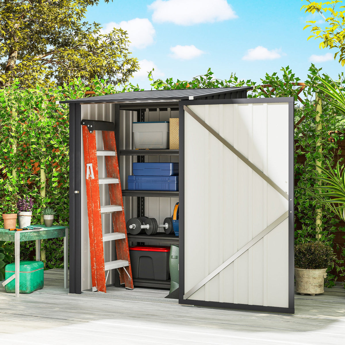 3.3ft x 3.4ft Lean to Garden Shed, Metal Outdoor Storage Shed with Single Lockable Door, Tool Storage Shed for Garden, Patio, Dark Grey