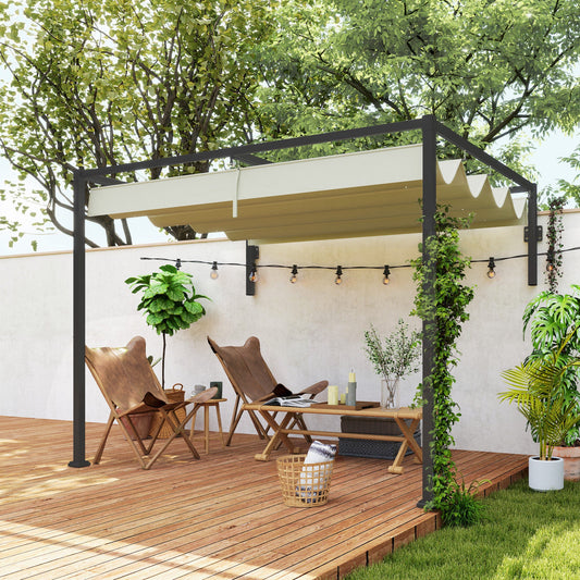 2 x 3(m) Lean To Pergola with Retractable Roof, Wall Mounted Garden Gazebo Outdoor Sun Shade Shelter for Patio, Khaki
